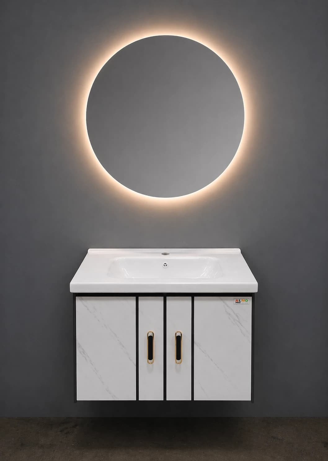 60×80 Hamam Dolabı və Lavabo + 75×75 Sensorlu LED Oval Güzgü (Ağ Mərmər Effektli, Alüminium Korpus)