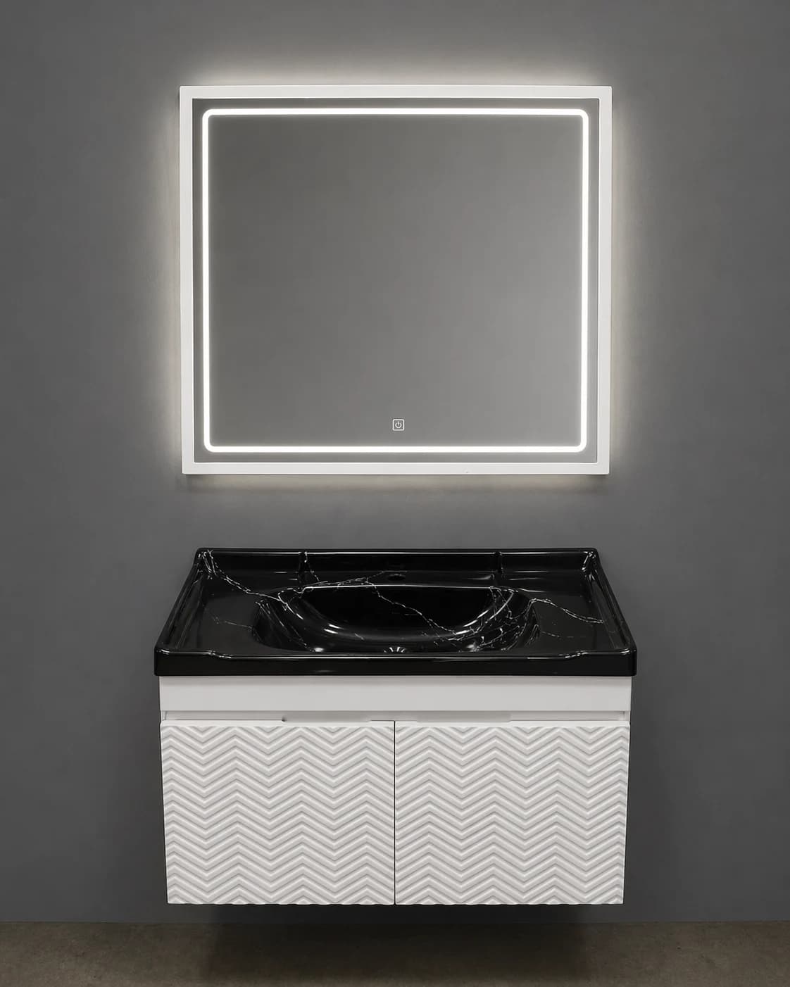 60×80 Hamam Dolabı (Qara Lavabo) + 60×80 Kvadrat Çərçivəli Güzgü (Ağ, Forex Material)