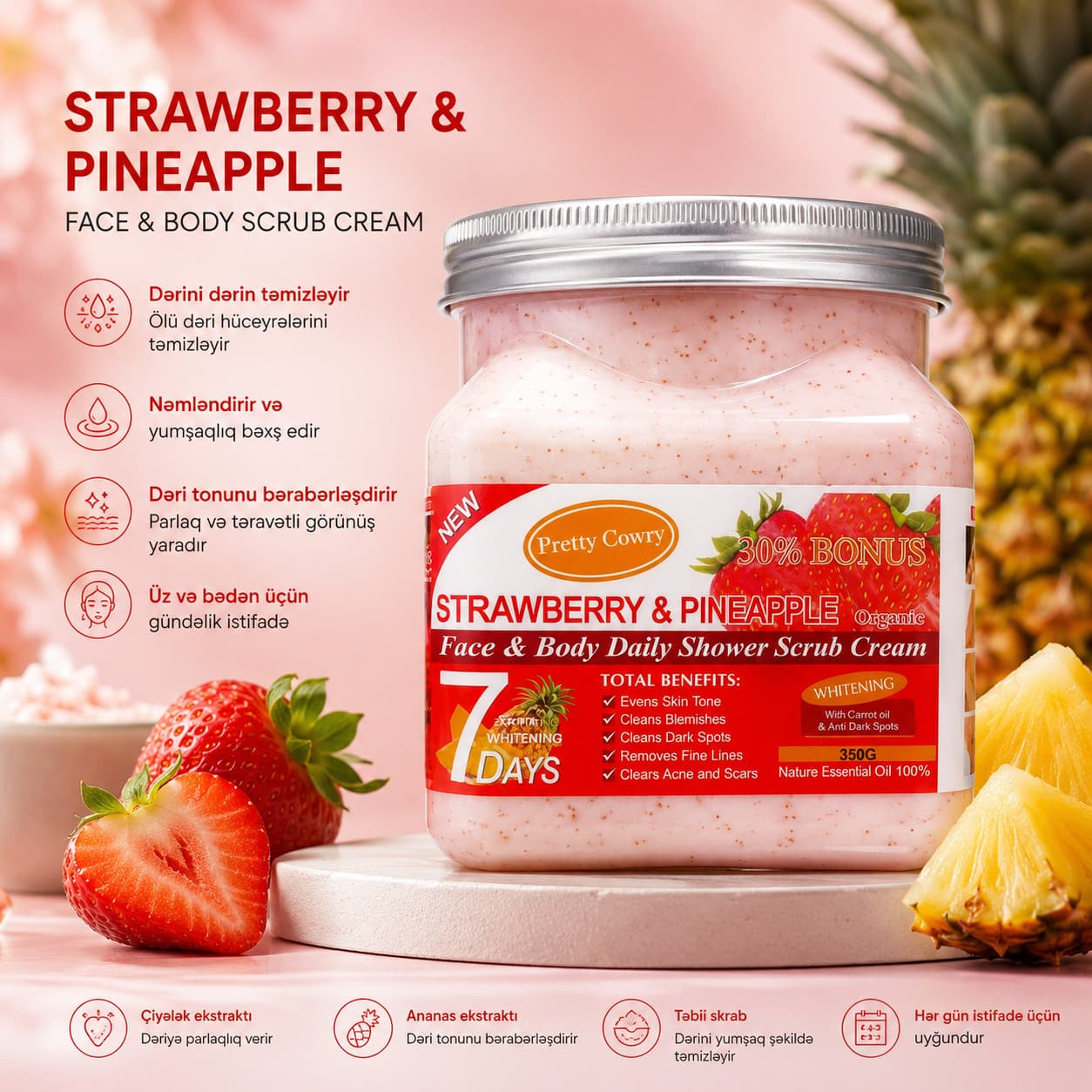Skrab üz və bədən üçün Pretty Cowry Strawberry & Pineapple 350 q