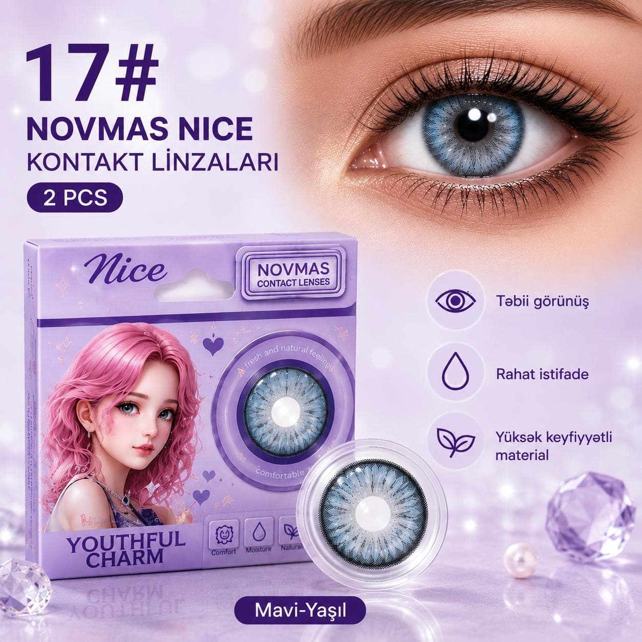Rəngli linza Novmas Nice №17, Hidrogel, SPH 0.00, Mavi-yaşıl