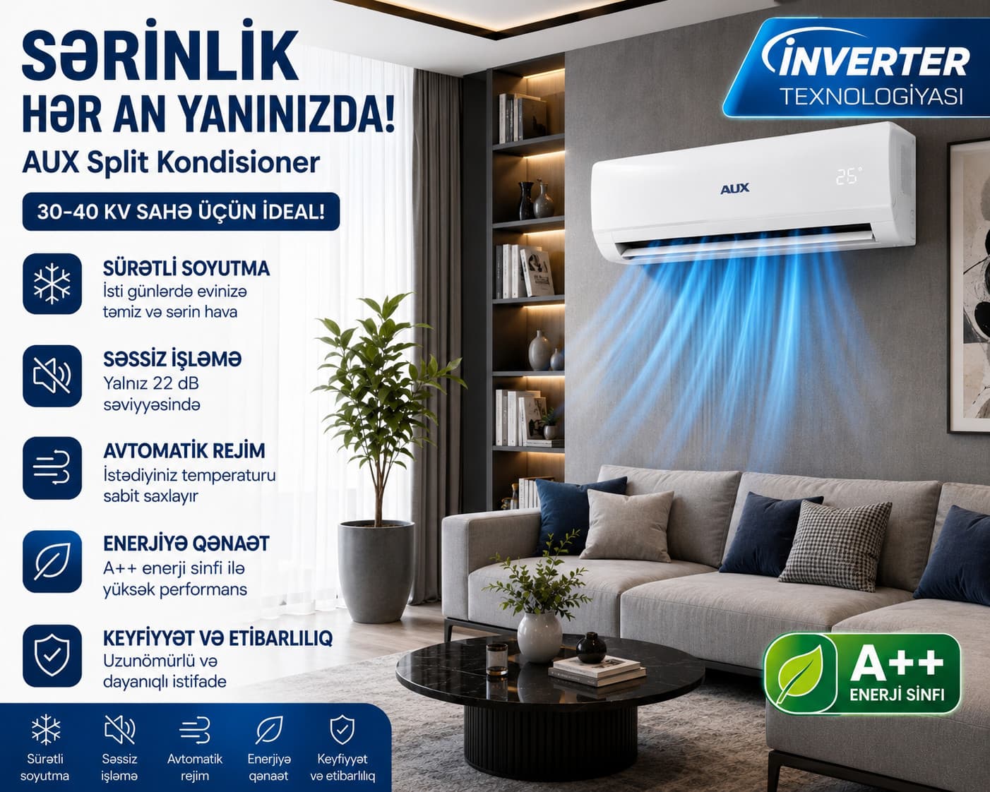Kondisioner AUX, 12000 BTU/saat, inverter, ağ