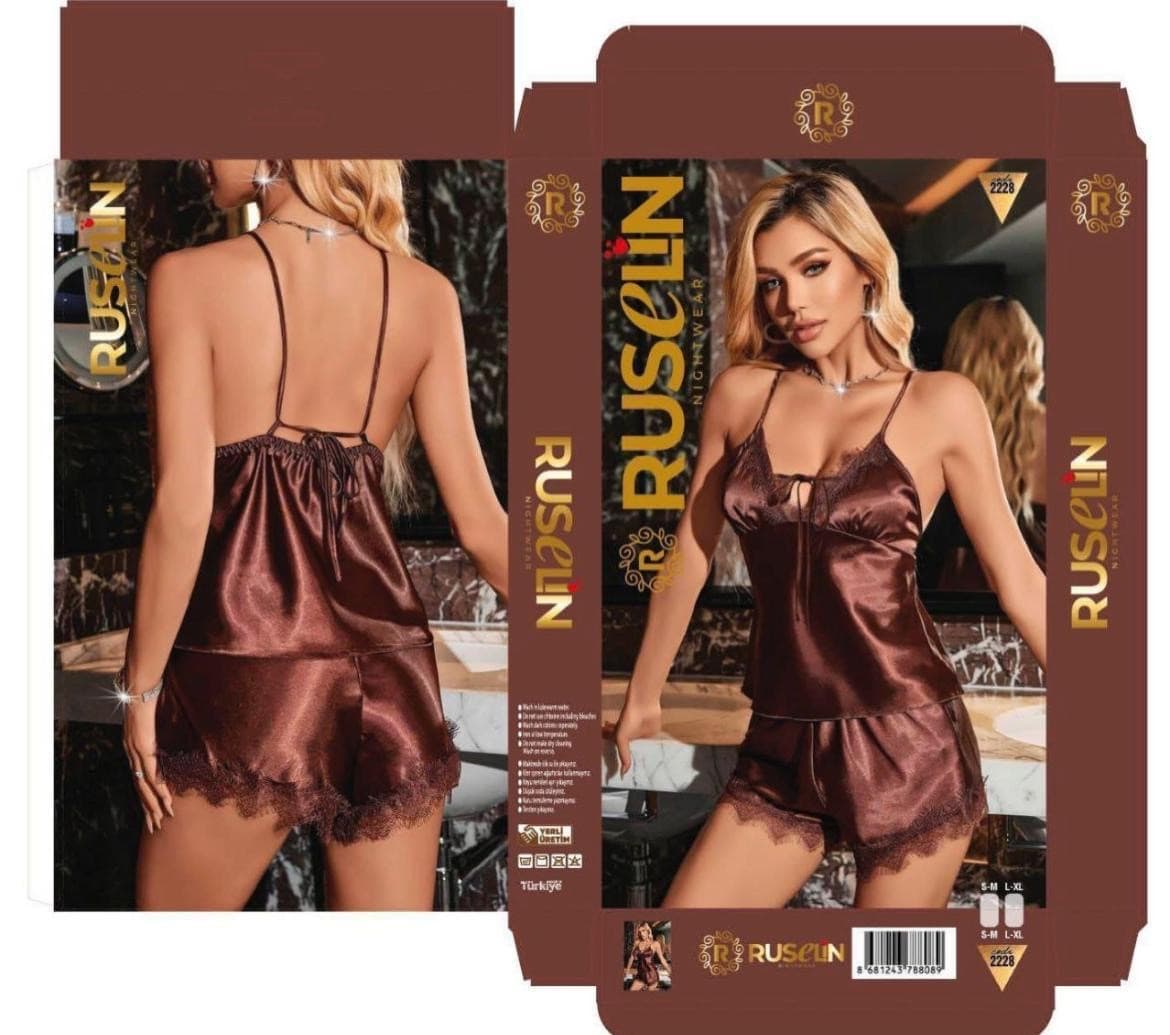 Qadınlar üçün şortlu pijama dəsti 2851945, satin, qəhvəyi, ölçü S/M — şəkil 2