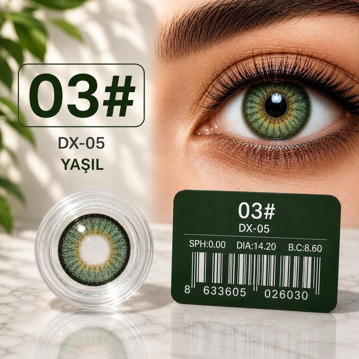 Rəngli linza DX-05 №03, Hidrogel, SPH 0.00, Yaşıl