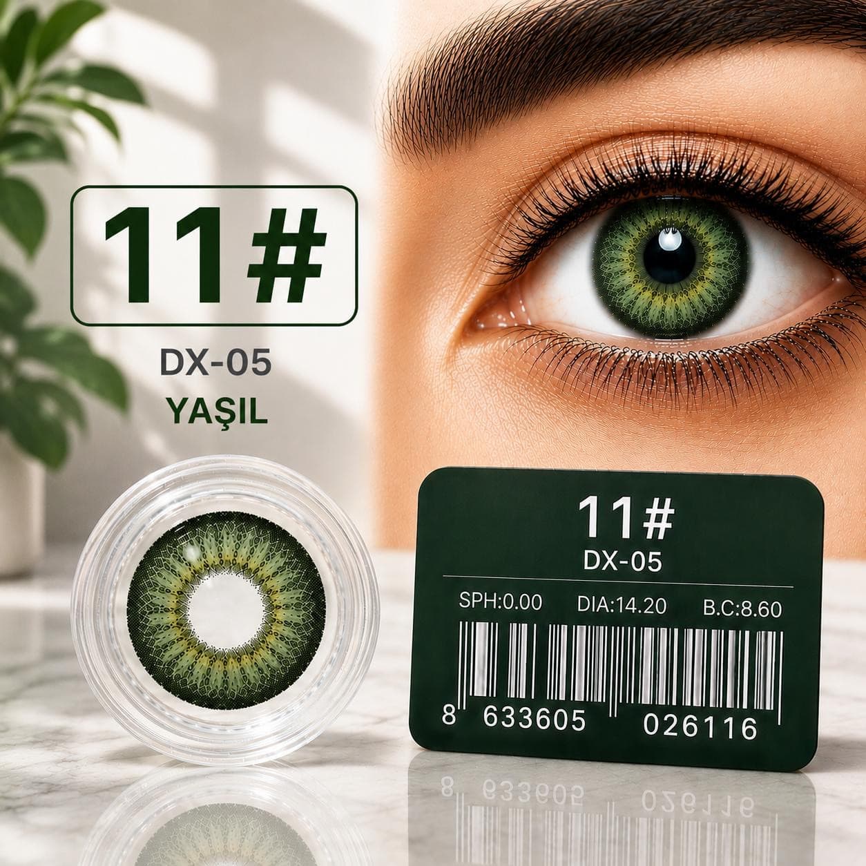 Rəngli linza DX-05 №11, Hidrogel, SPH 0.00, Yaşıl