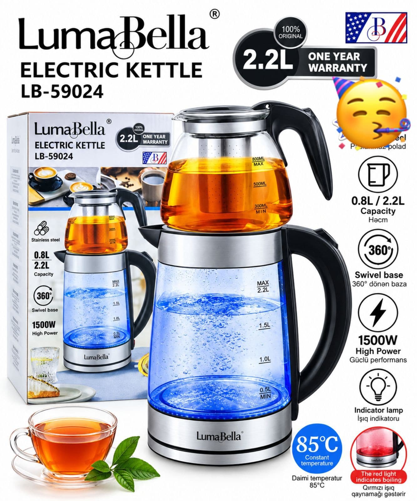 Elektrik çaydan Luma Bella 2.2 l 1500 W şəffaf