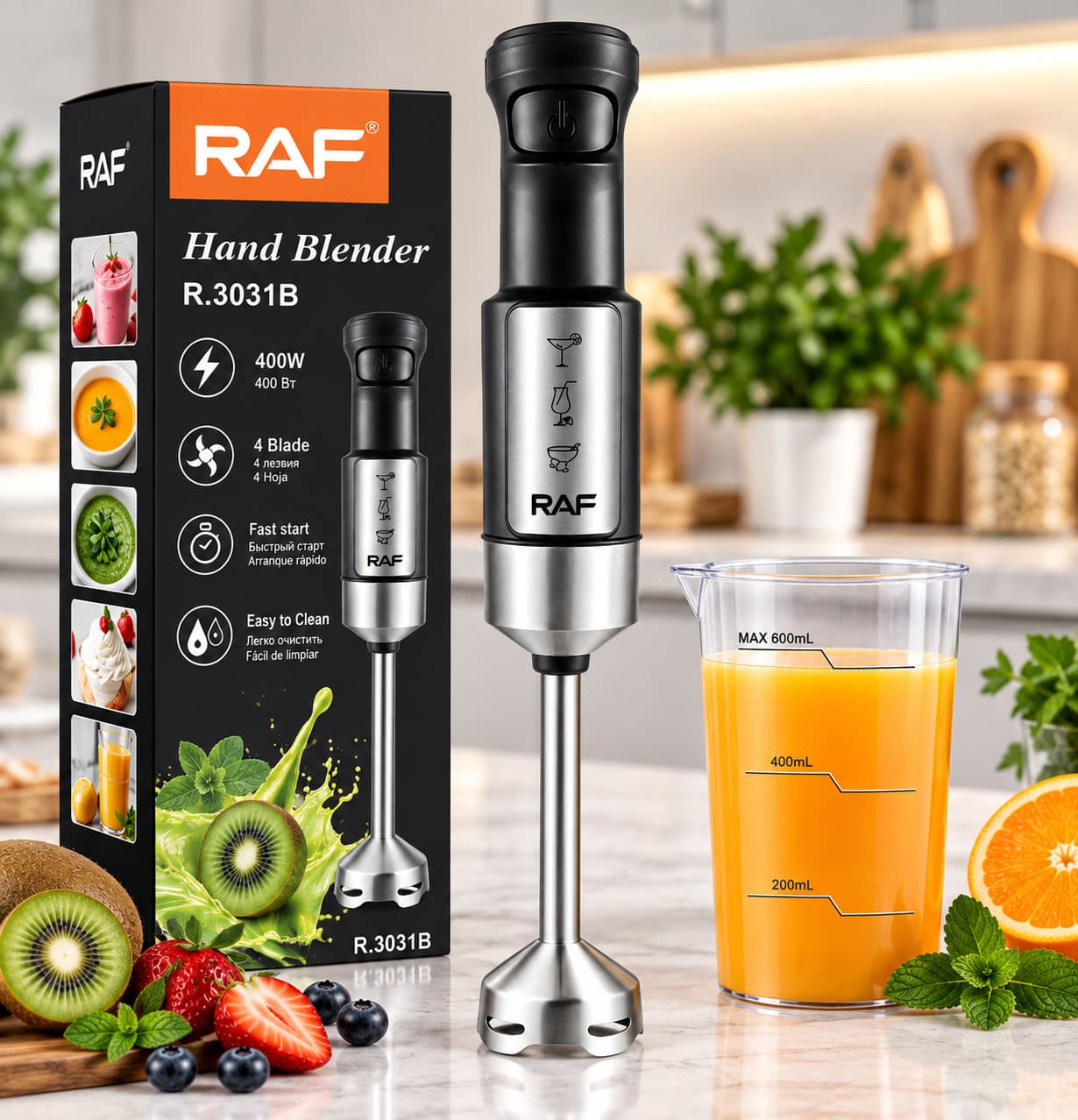 Blender RAF R.3031B, Salınma, 400 Vt, 0.6 l, Qara/Gümüşü