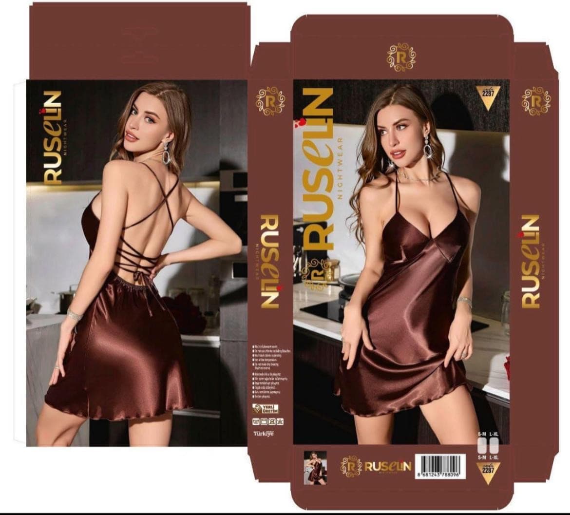 Gecə köynəyi qadınlar üçün, qəhvəyi, satin, ölçü L/XL