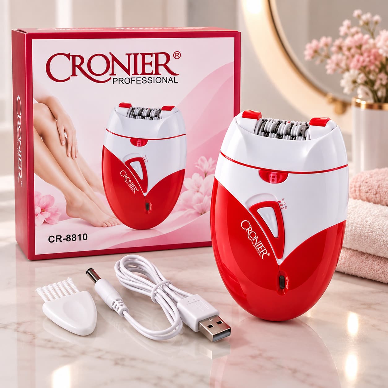 Epilyator Cronier CR-8810, akkumulyatorlu, qırmızı/ağ, 90 dəq