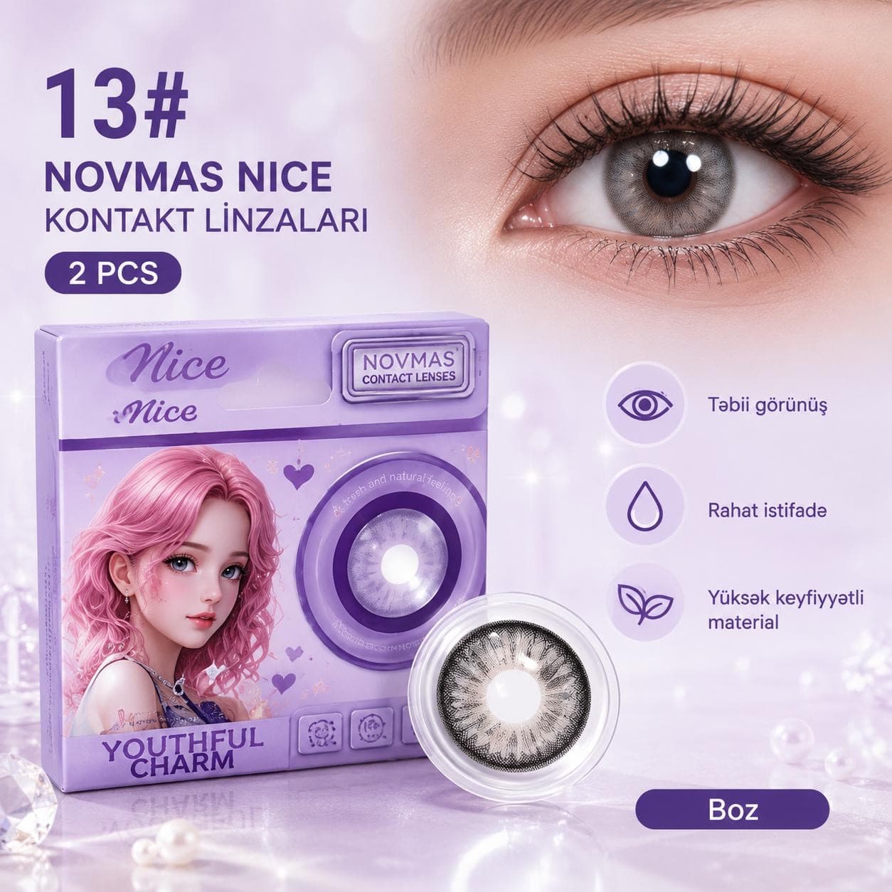 Rəngli linza Novmas Nice №13, Hidrogel, SPH 0.00, Boz