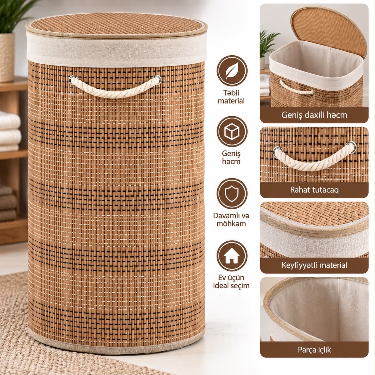 Çamaşır üçün səbət, 100 l, bambuk