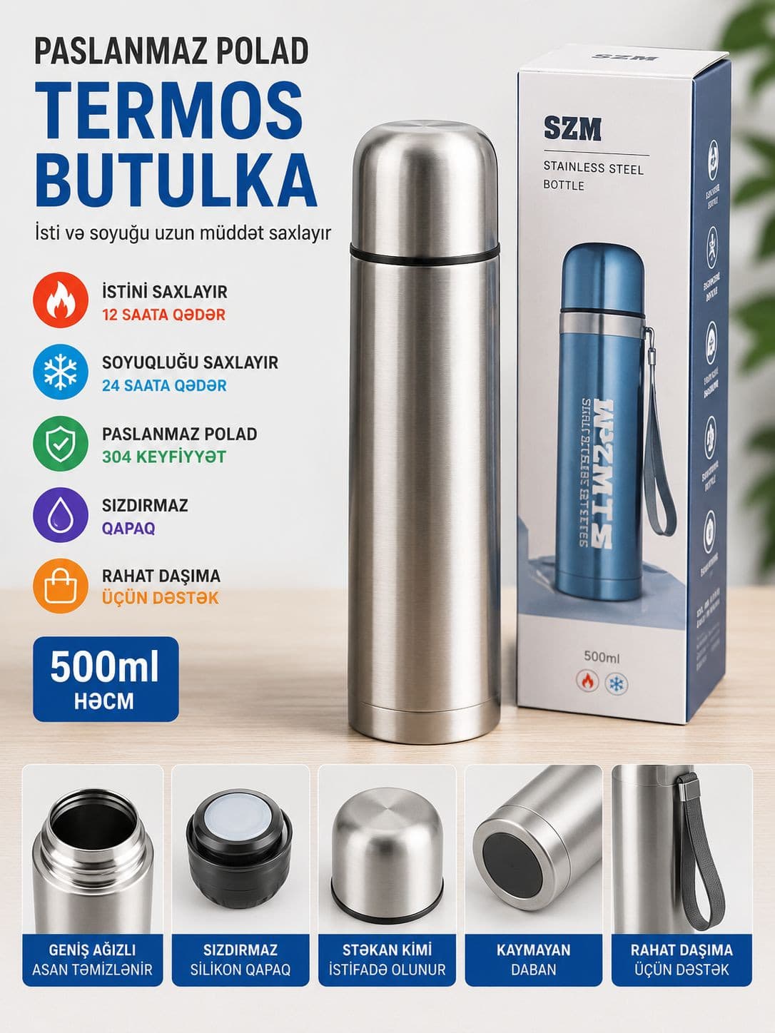 Termos SZM, paslanmayan polad, gümüşü, 500 ml