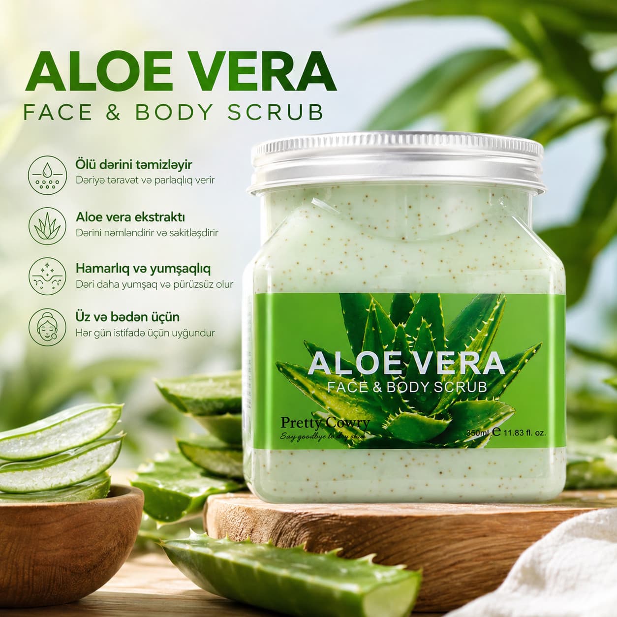 Skrab üz və bədən üçün Pretty Cowry Aloe Vera 350 ml