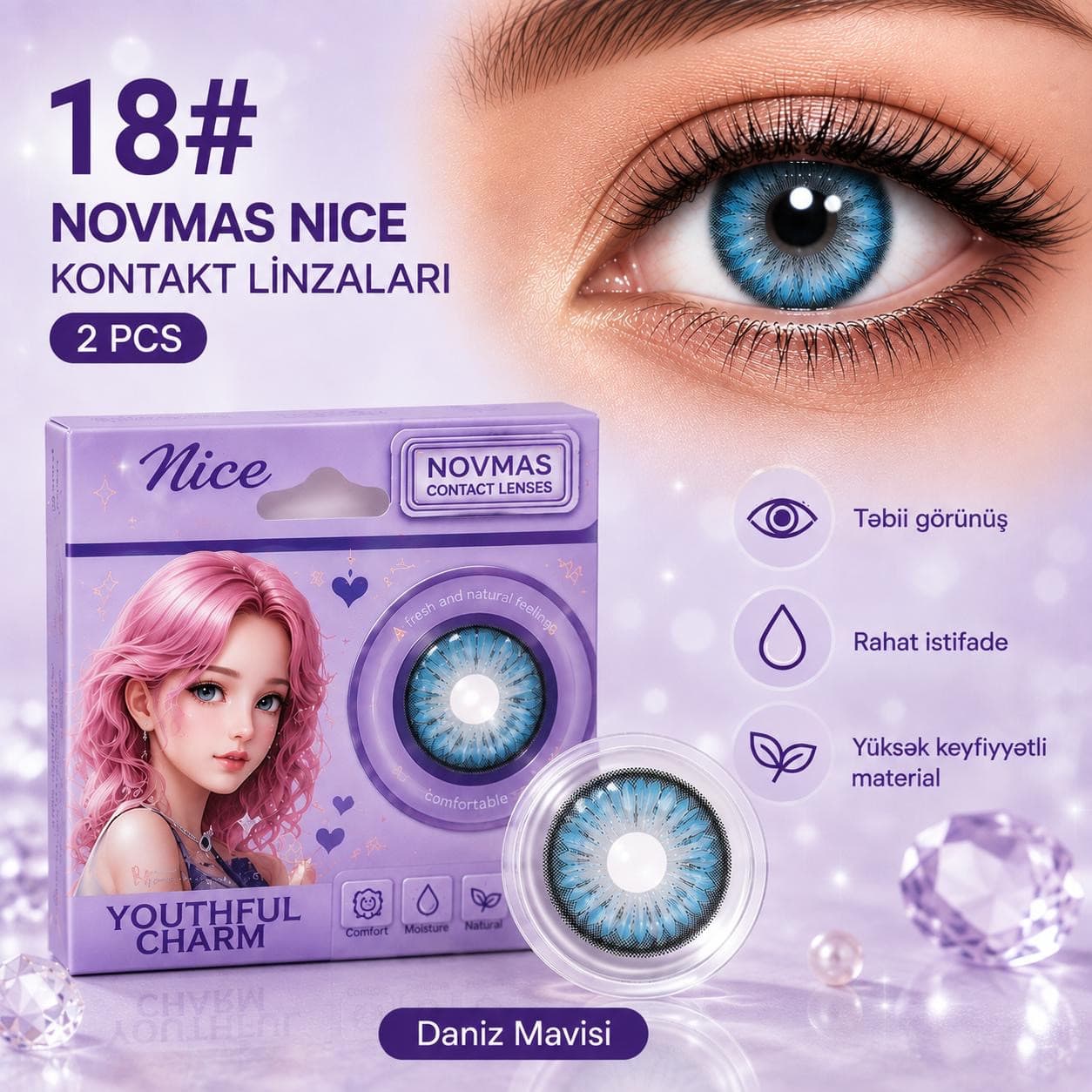 Rəngli linza Novmas Nice №18, Hidrogel, SPH 0.00