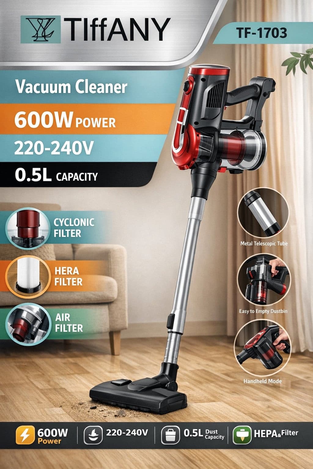 Vertikal tozsoran TIFFANY 1703, 600W, HEPA filtr, konteyner