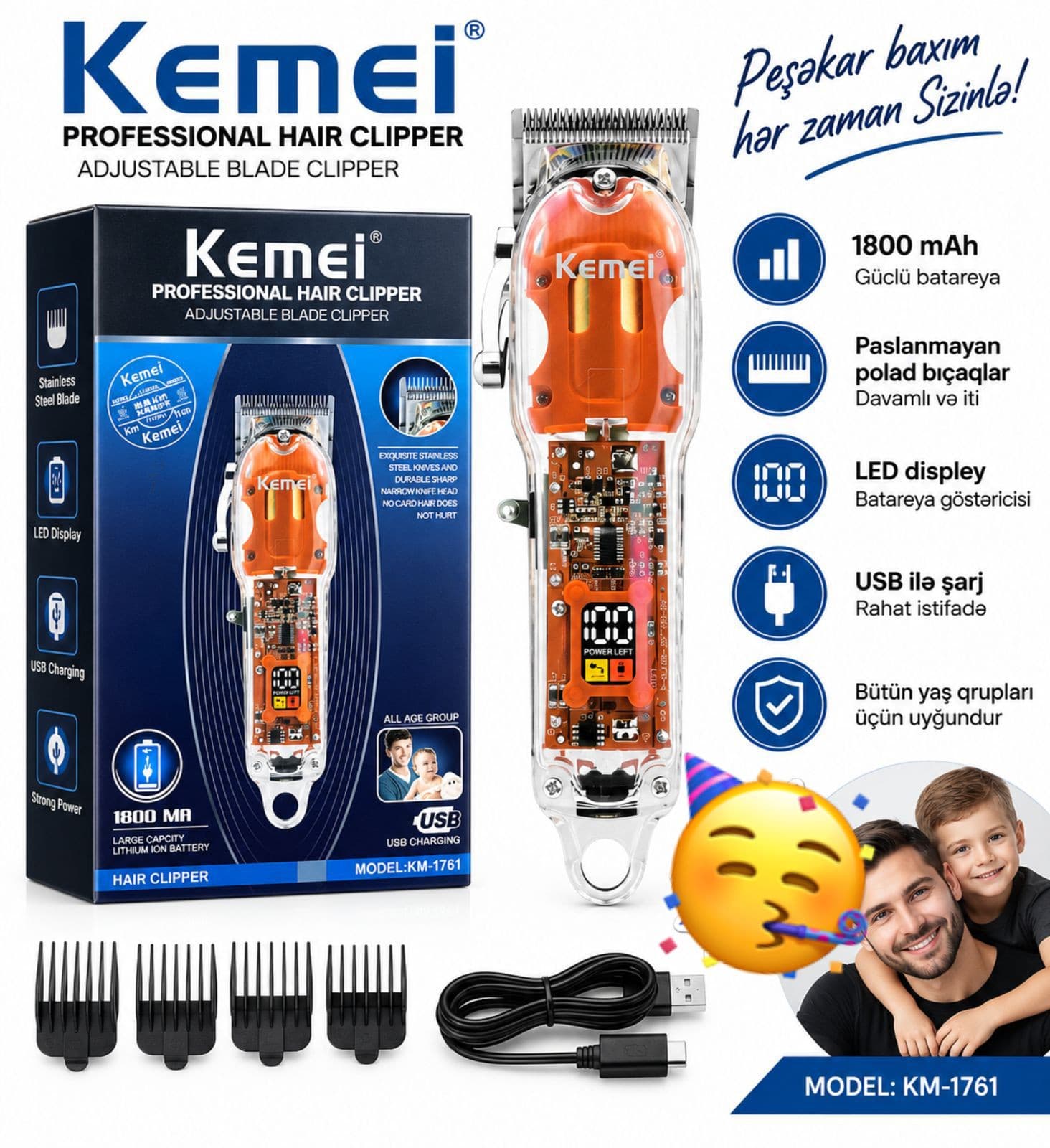 Saç üçün trimmer Kemei ppower1761 akkumulyatorlu narıncı