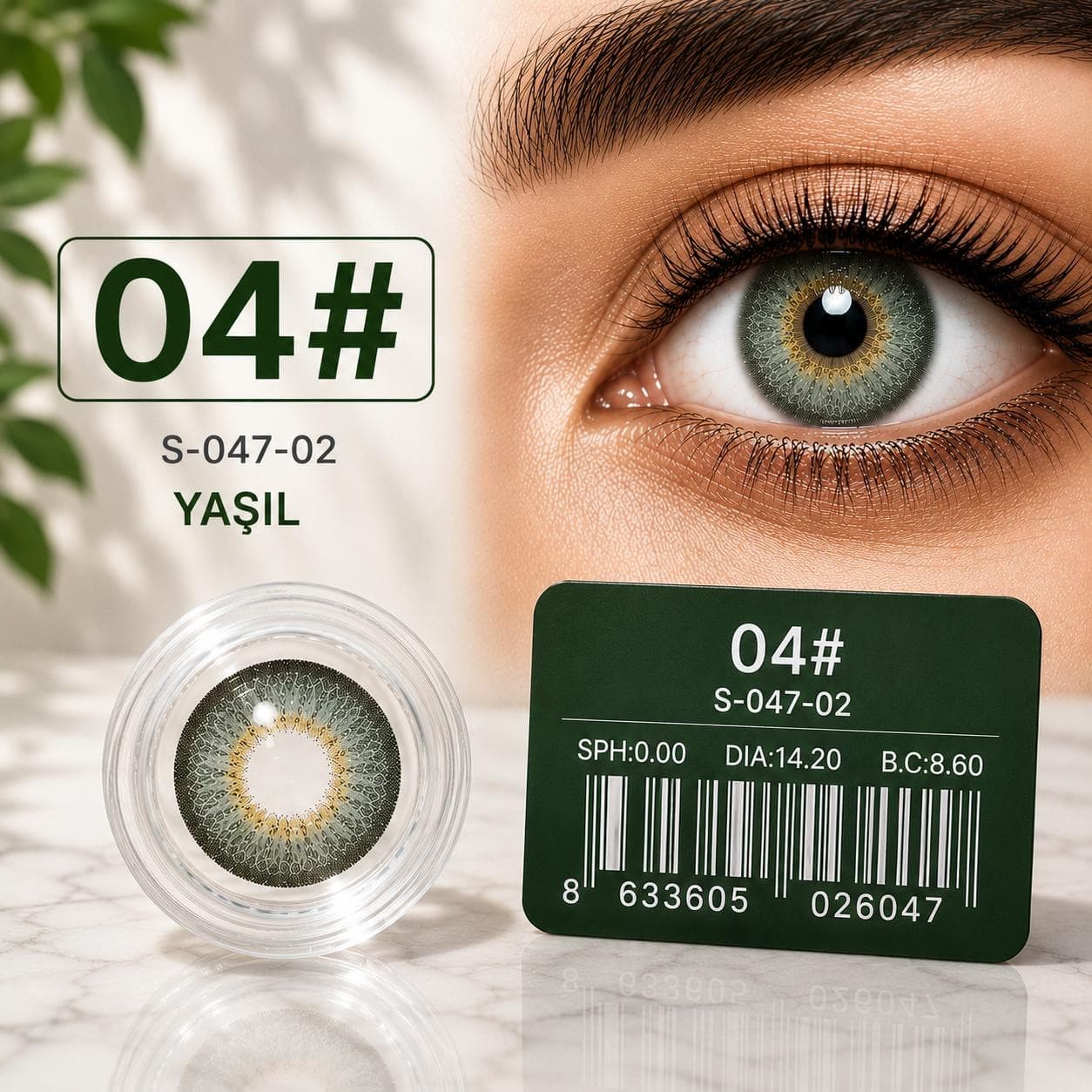 Rəngli linza S-047-02 №04, Hidrogel, SPH 0.00, Yaşıl