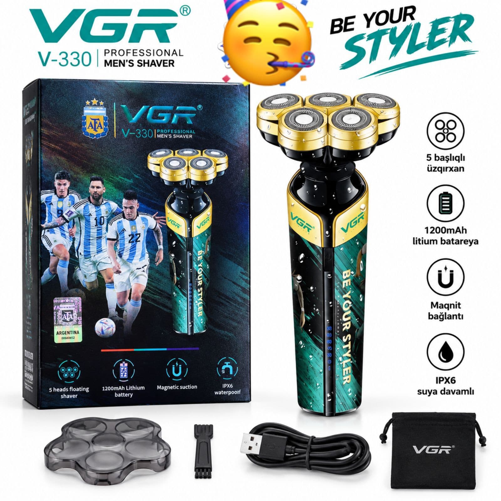 Kişi elektrik ülgücü VGR Premium Ieo Messi Edition batareyalı USB torlu yaşıl