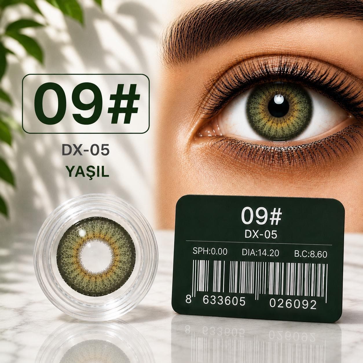 Rəngli linza DX-05 №09, Hidrogel, SPH 0.00, Yaşıl