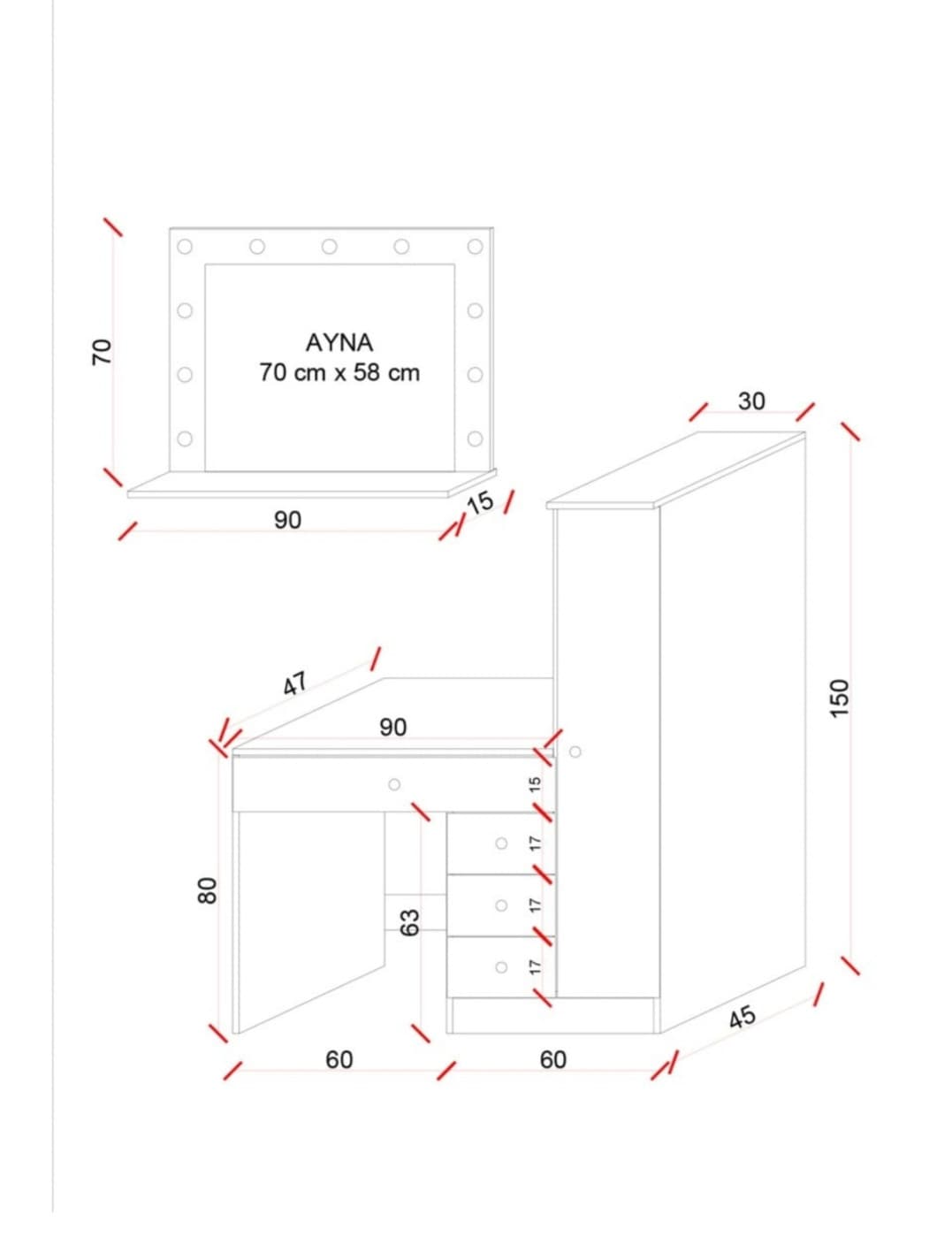 Makiyaj masası SO0020, laminat, 150x120x45 sm, ağ — image 9