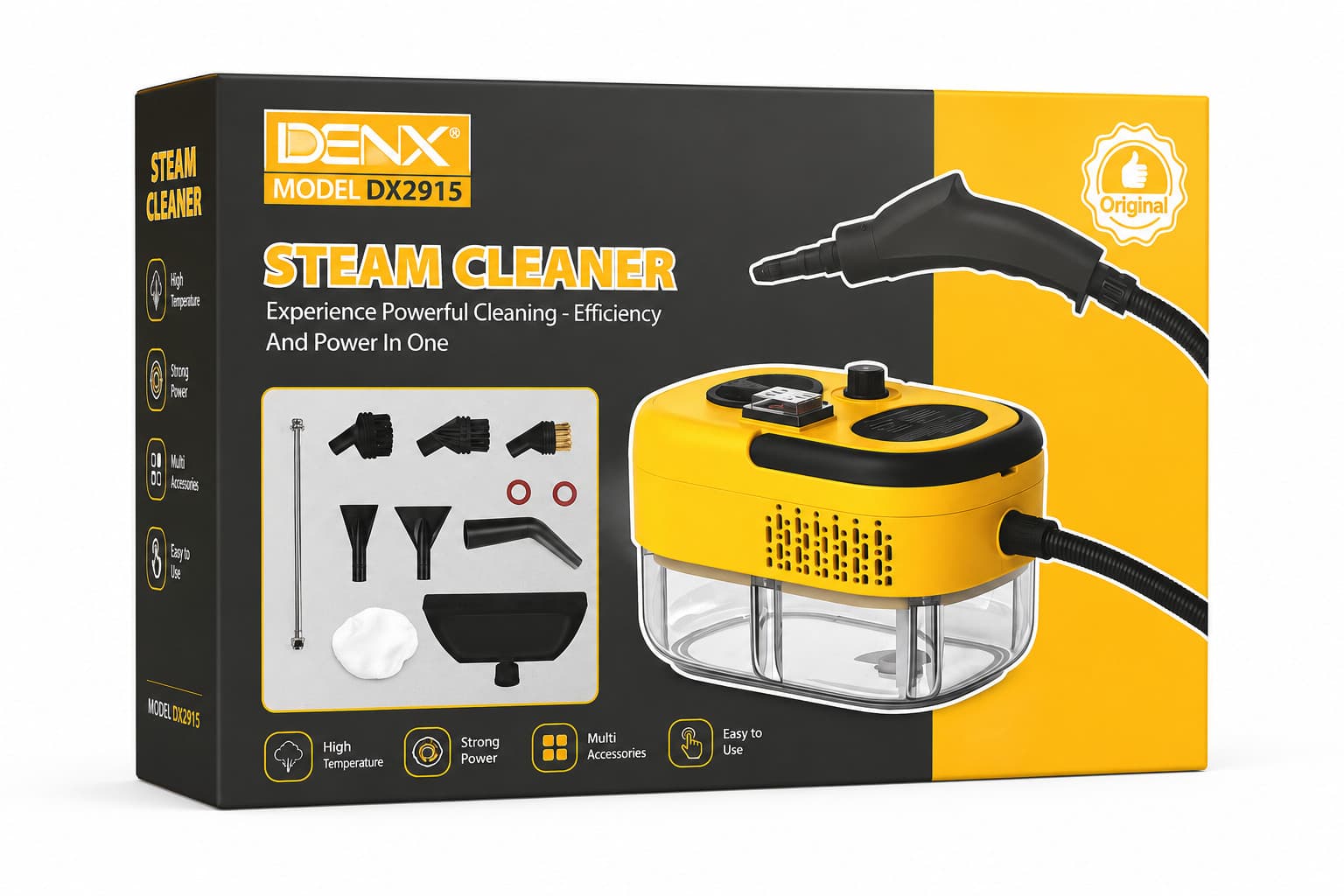 Buxar təmizləyici Denx DX2915, 1500 Vt, Buxar ilə, Ara üçün taxma, Kiçik yumru taxma-fırça, Pəncərə üçün taxma, Plitə təmizləməsi üçün fırça, Universal taxma, Yumru fırça, Sarı