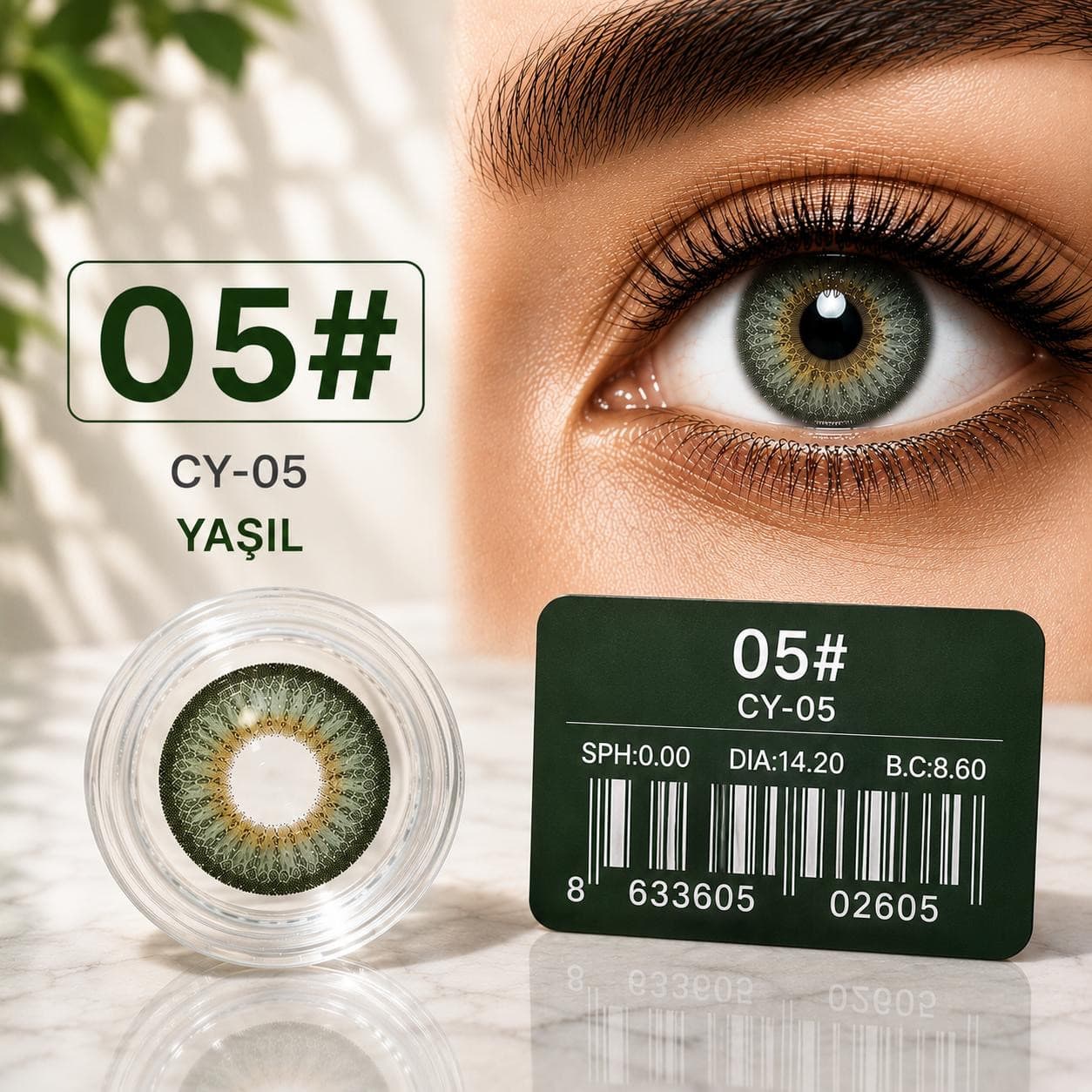 Rəngli linza CY-05 №05, Hidrogel, SPH 0.00, Yaşıl