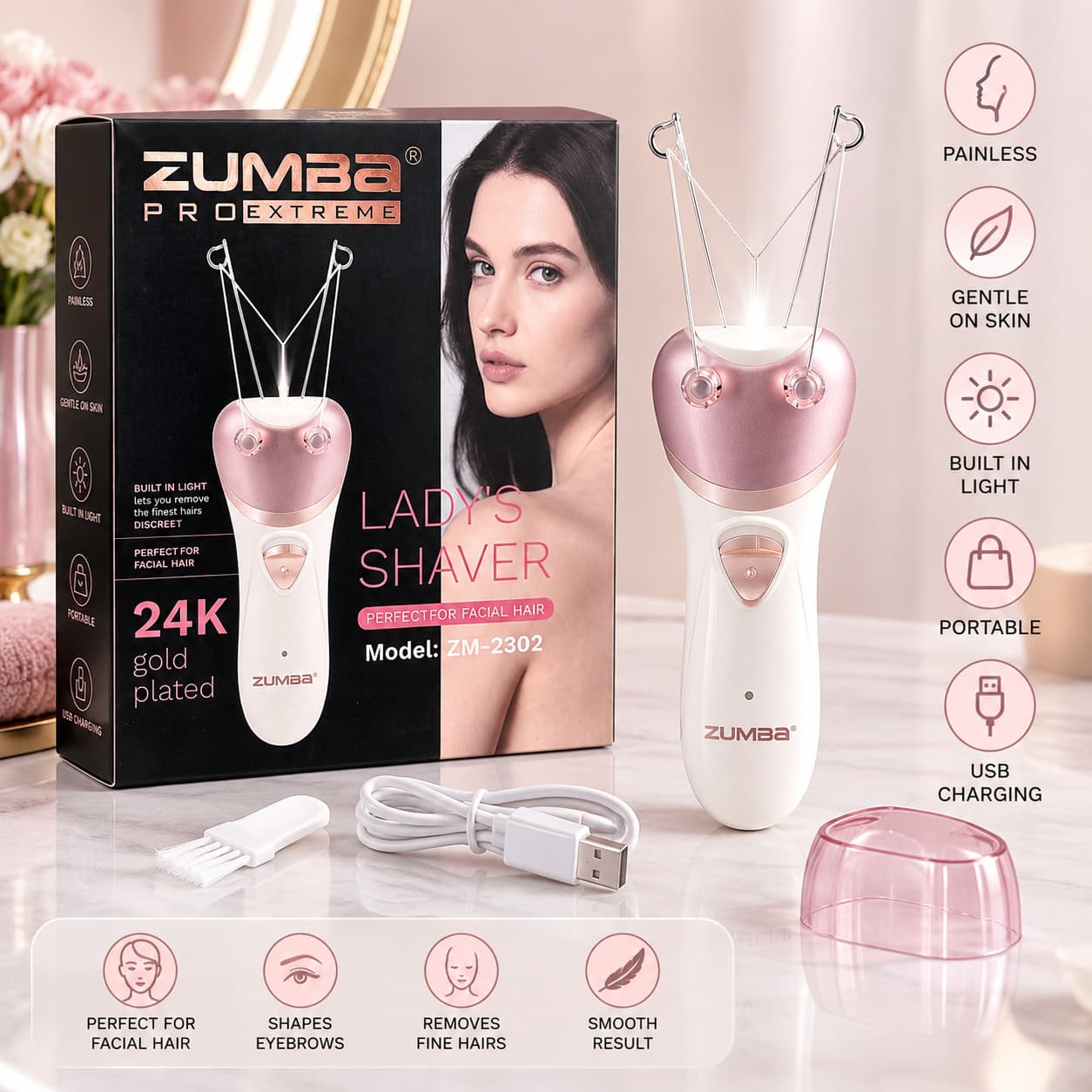 Epilyator Zumba ZM-2302, USB, Quru, Ağ/Çəhrayı
