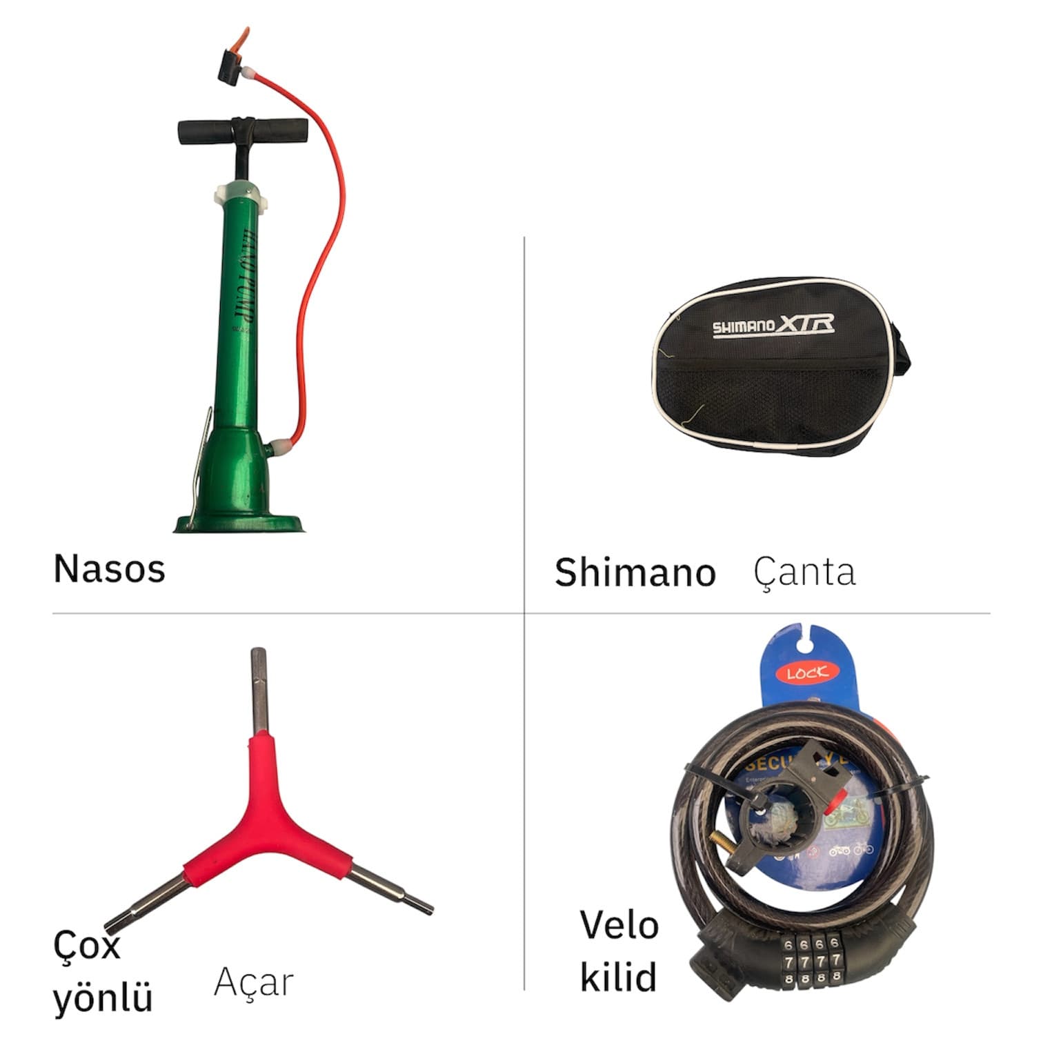 Velosiped aksessuarları komplekti (nasos, çanta, çoxfunksiyalı açar, velo kilid)
