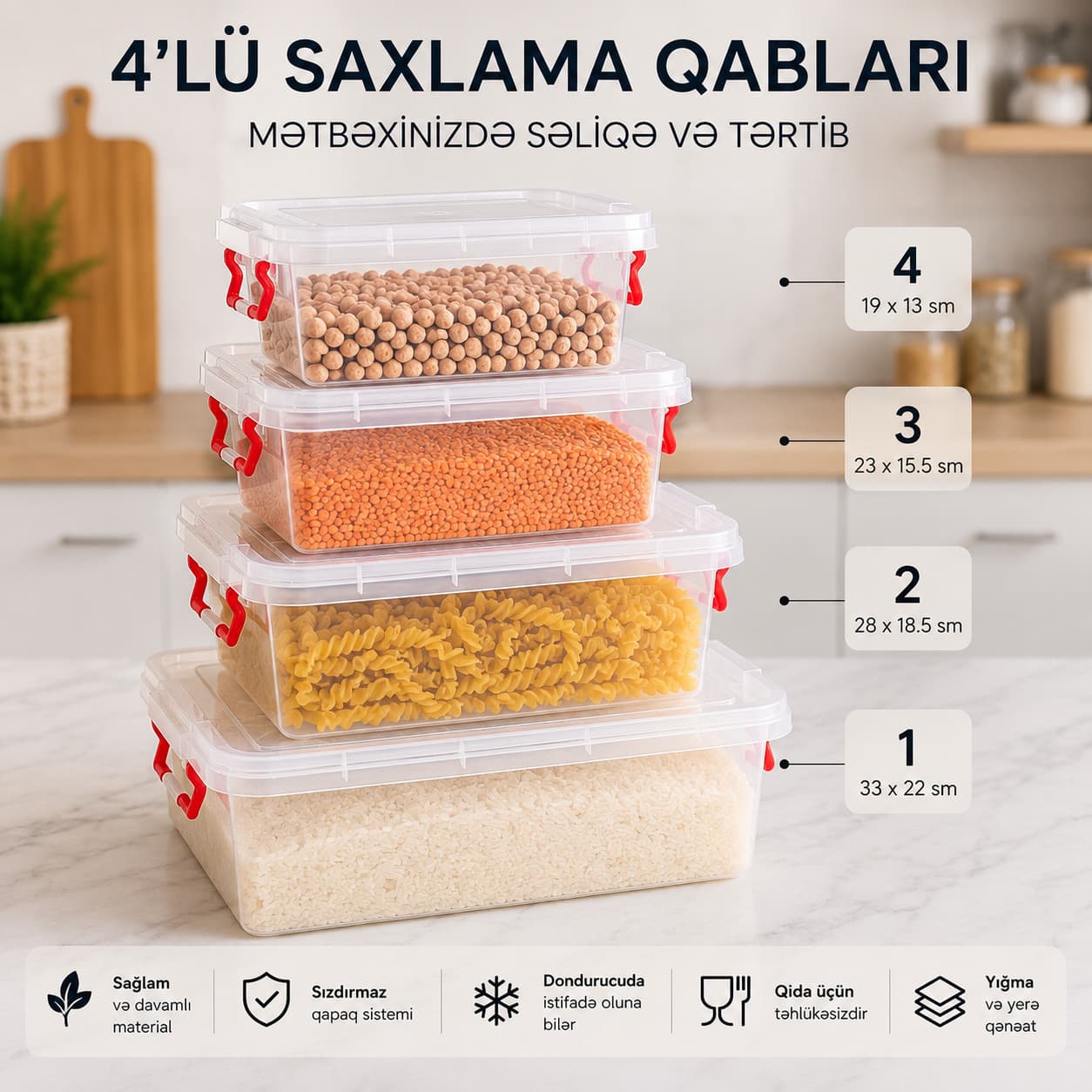 Qida saxlama konteyneri dəsti, düzbucaq, 5000х3000х1800х1000 ml, plastik