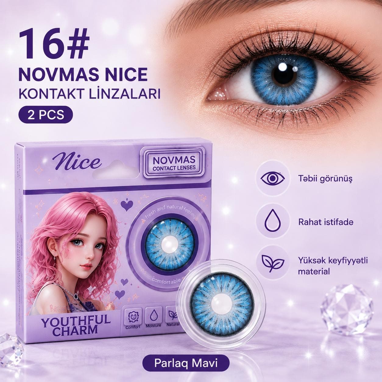 Rəngli linza Novmas Nice №16, Hidrogel, SPH 0.00, Parlaq mavi