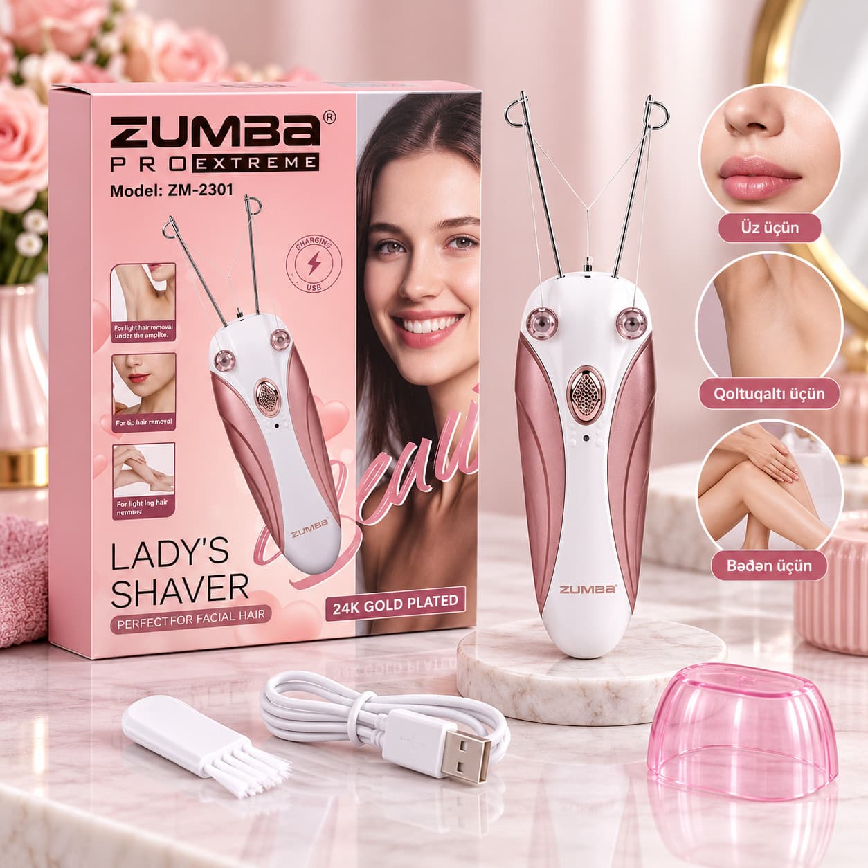 Qadın epilyatoru Zumba ZM-2301, USB, Quru, Çəhrayı/Ağ