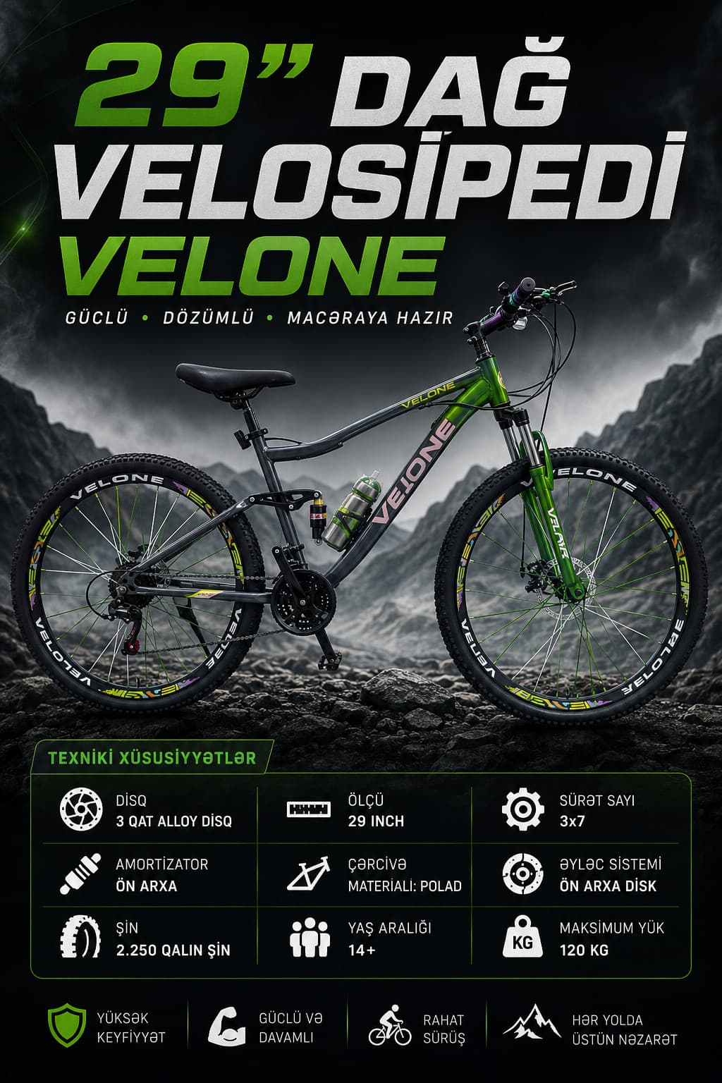 Dağ velosipedi Velone 29", yaşıl