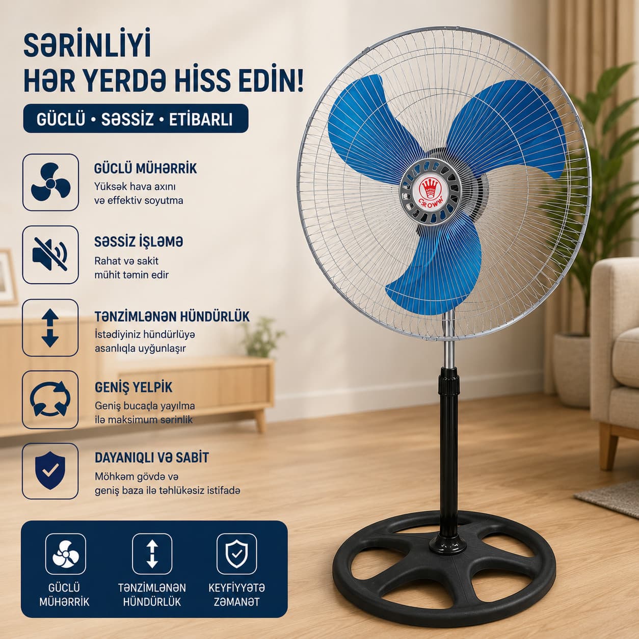 Döşəməüstü ventilyator Crown, 220 Vt, qara