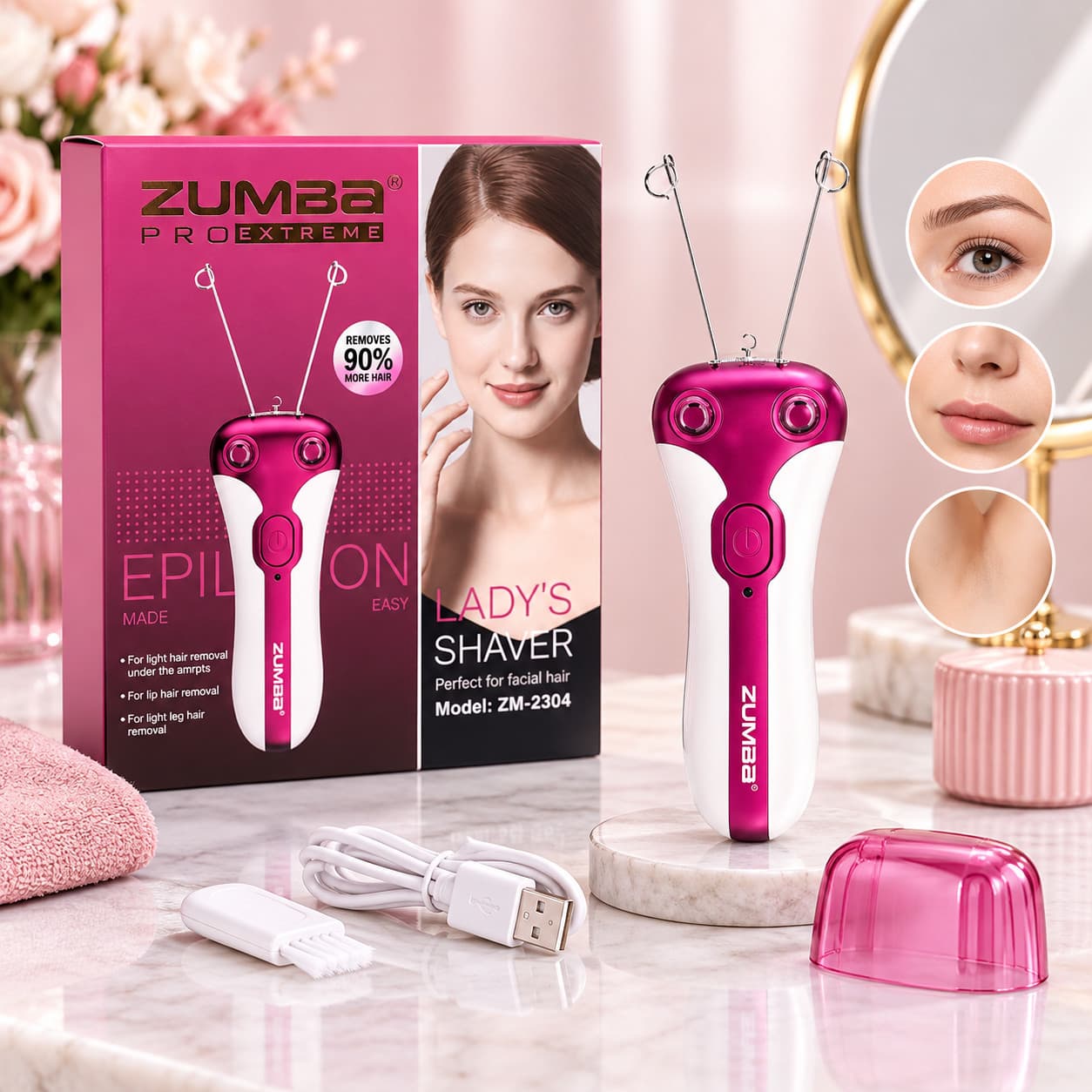 Qadın epilyatoru Zumba ZM-2304, USB, Quru, Çəhrayı/Ağ