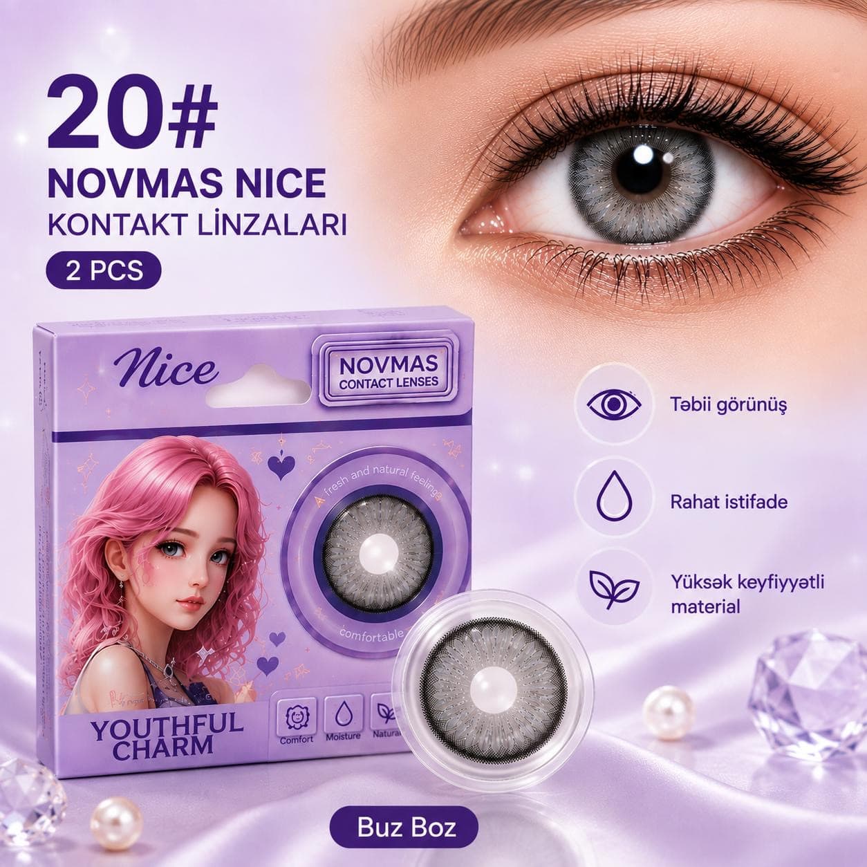Rəngli linza Novmas Nice №20, Hidrogel, SPH 0.00, Buz boz