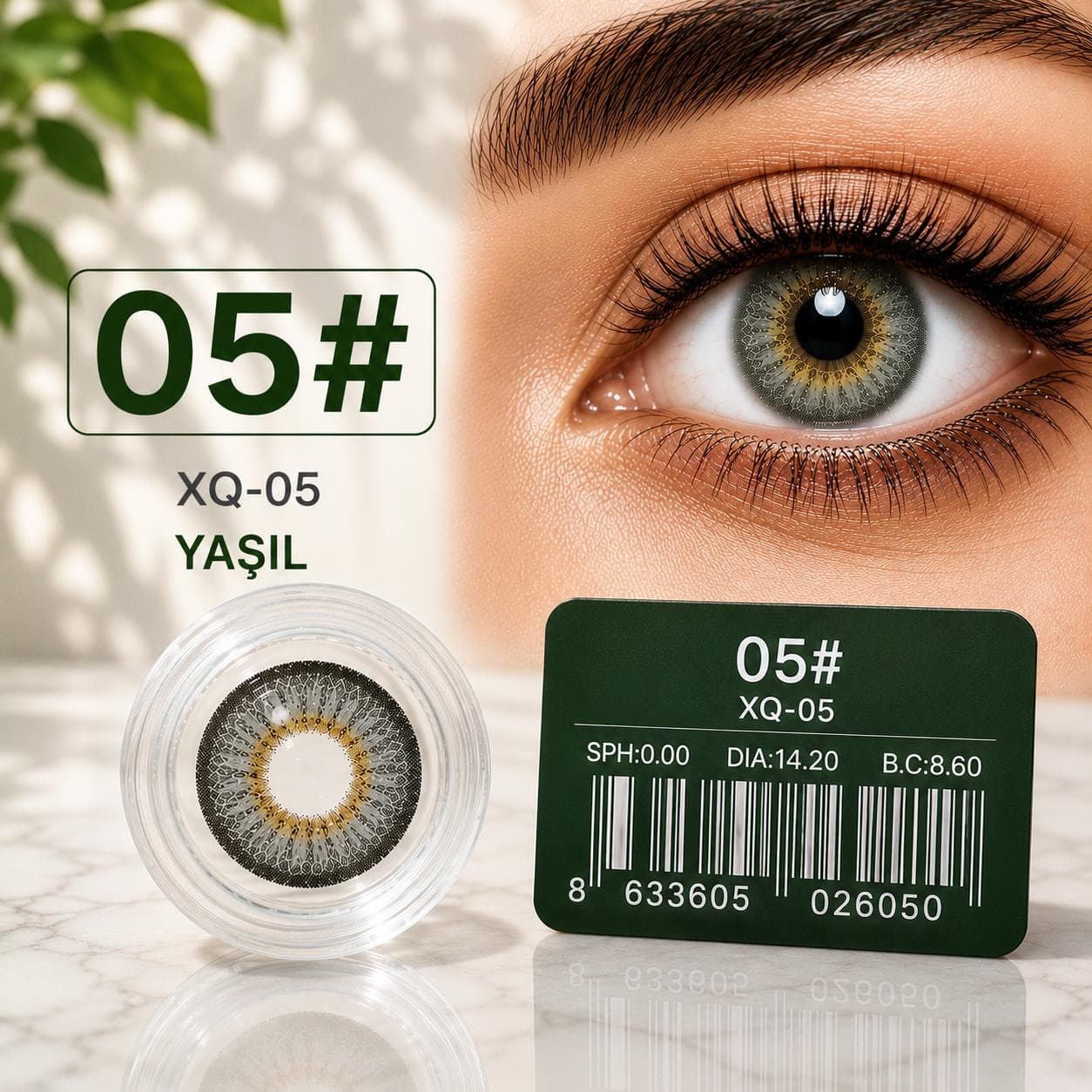 Rəngli linza XQ-05 №05, Hidrogel, SPH 0.00, Yaşıl
