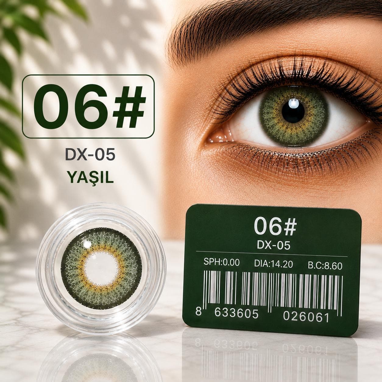 Rəngli linza DX-05 №06, Hidrogel, SPH 0.00, Yaşıl