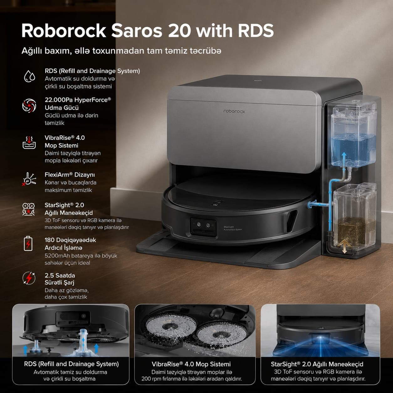 Robot-tozsoran Roborock Saros 20, qara