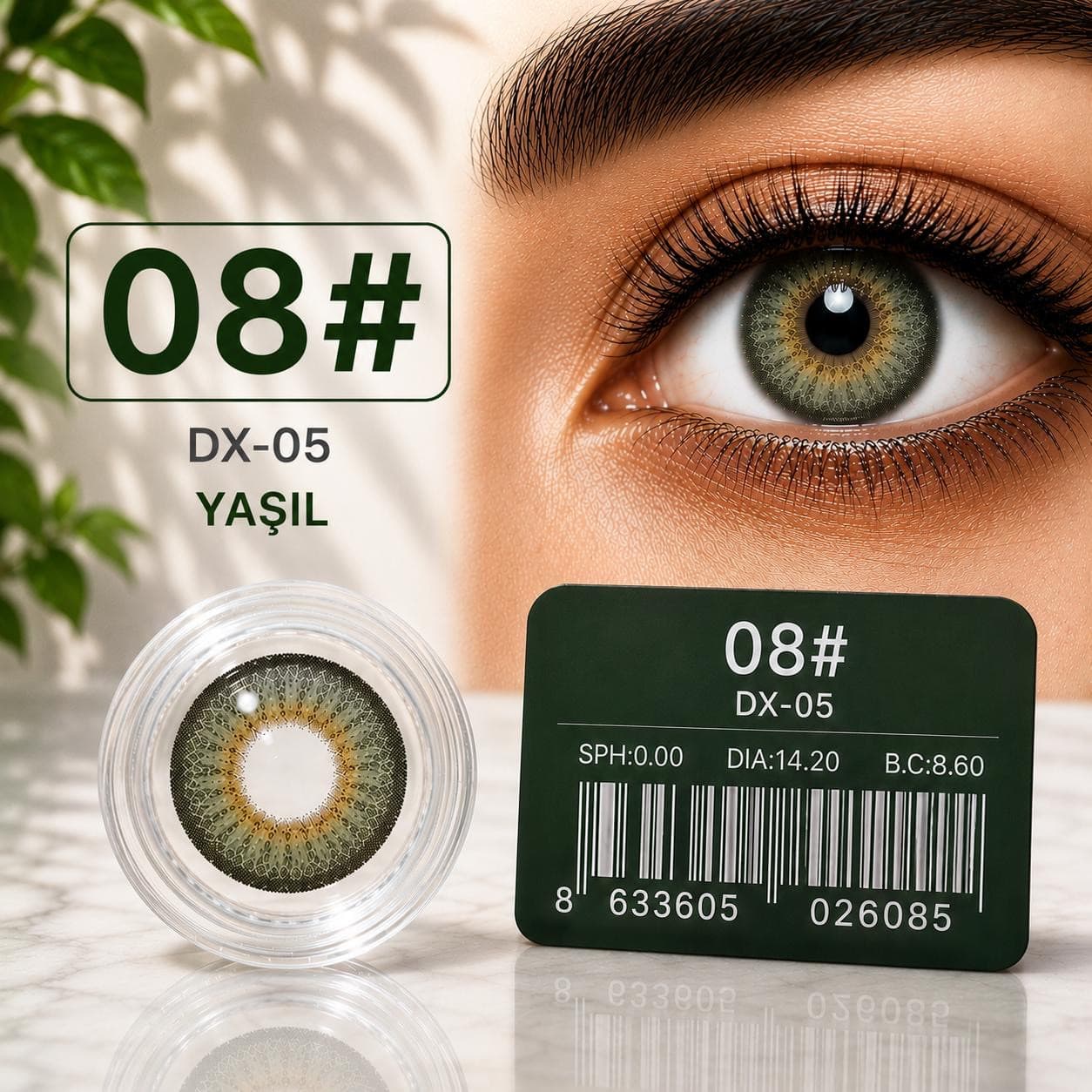 Rəngli linza DX-05 №08, Hidrogel, SPH 0.00, Yaşıl