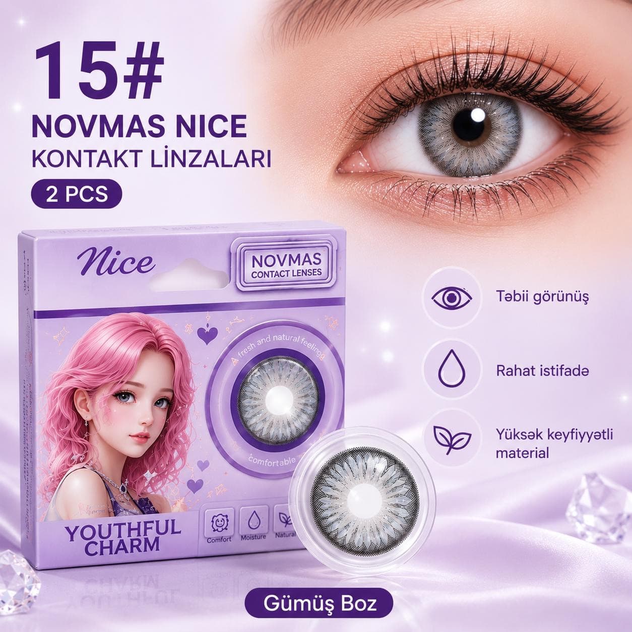 Rəngli linza Novmas Nice №15, Hidrogel, SPH 0.00, Gümüş boz