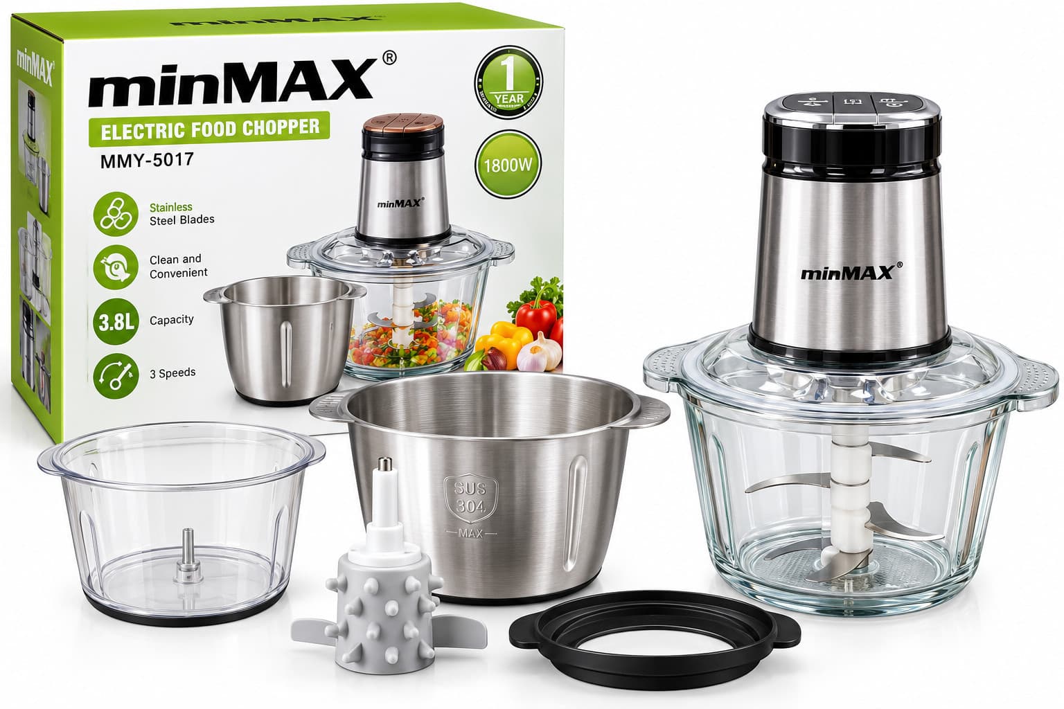 Doğrayıcı miniMAX MMY-5017, 1800 Vt, 3.8 L, Gümüşü+qara