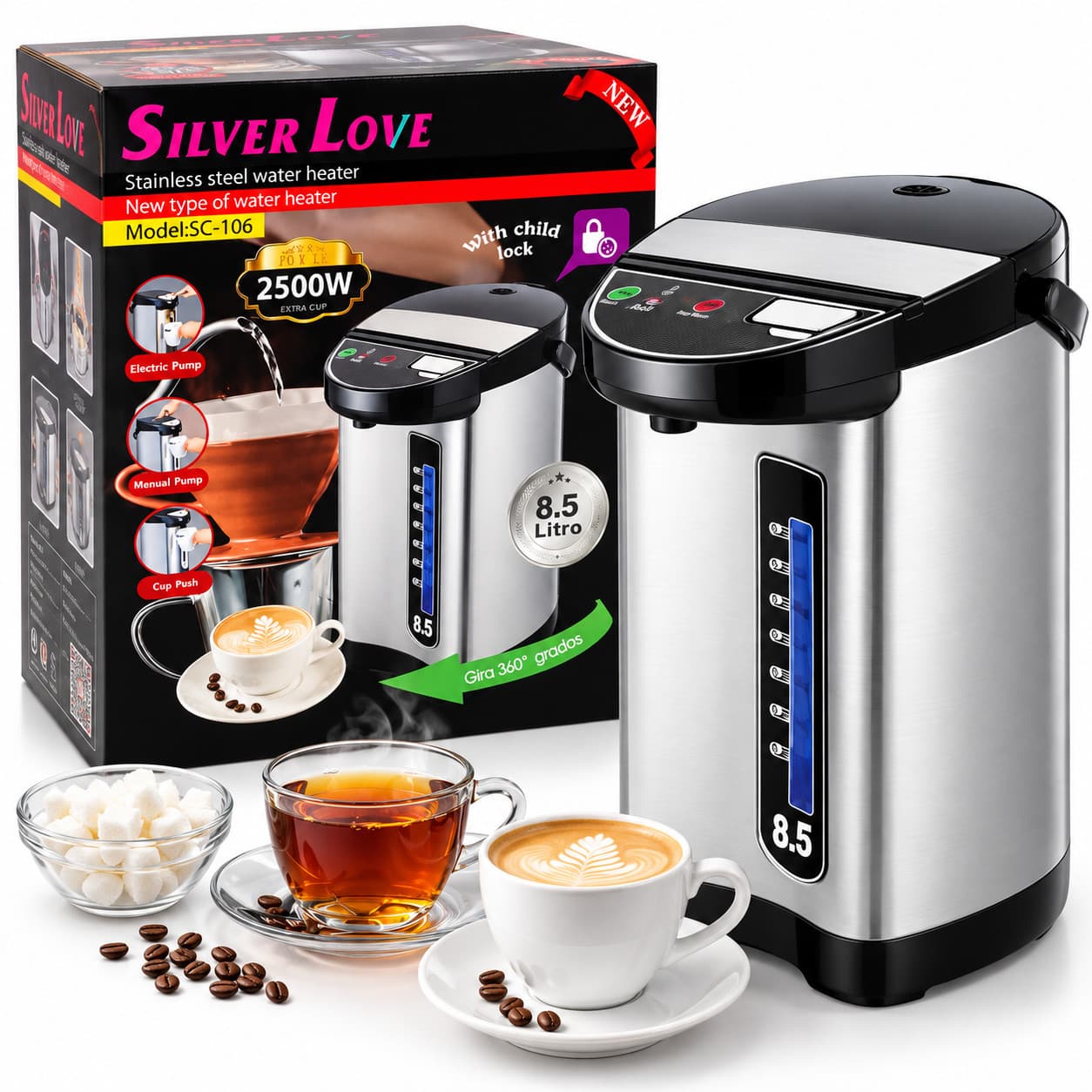 Termopot Silver Love SC-106, 8.5 L, Gümüşü, 2500 Vt