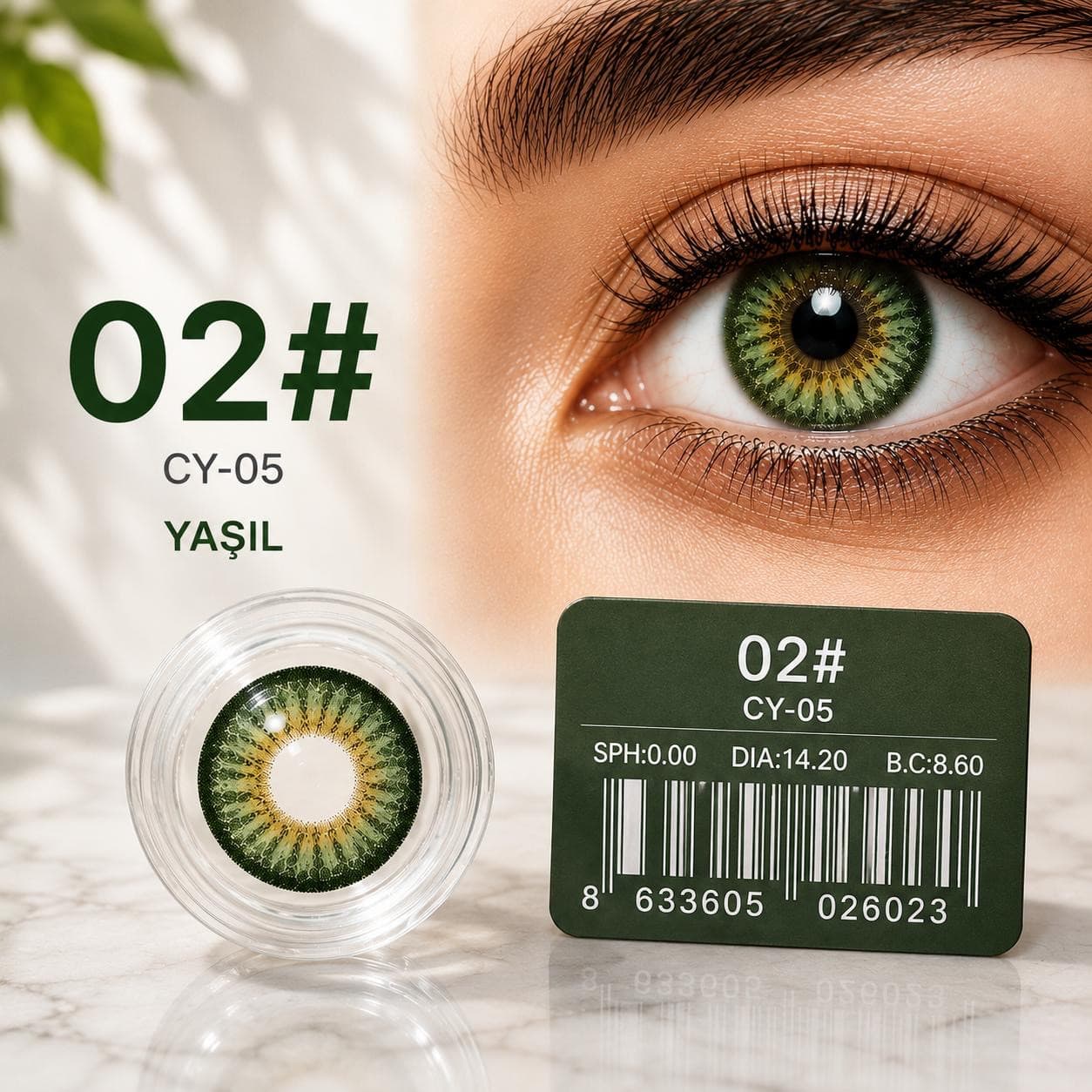 Rəngli linza CY-05 №02, Hidrogel, SPH 0.00, Yaşıl