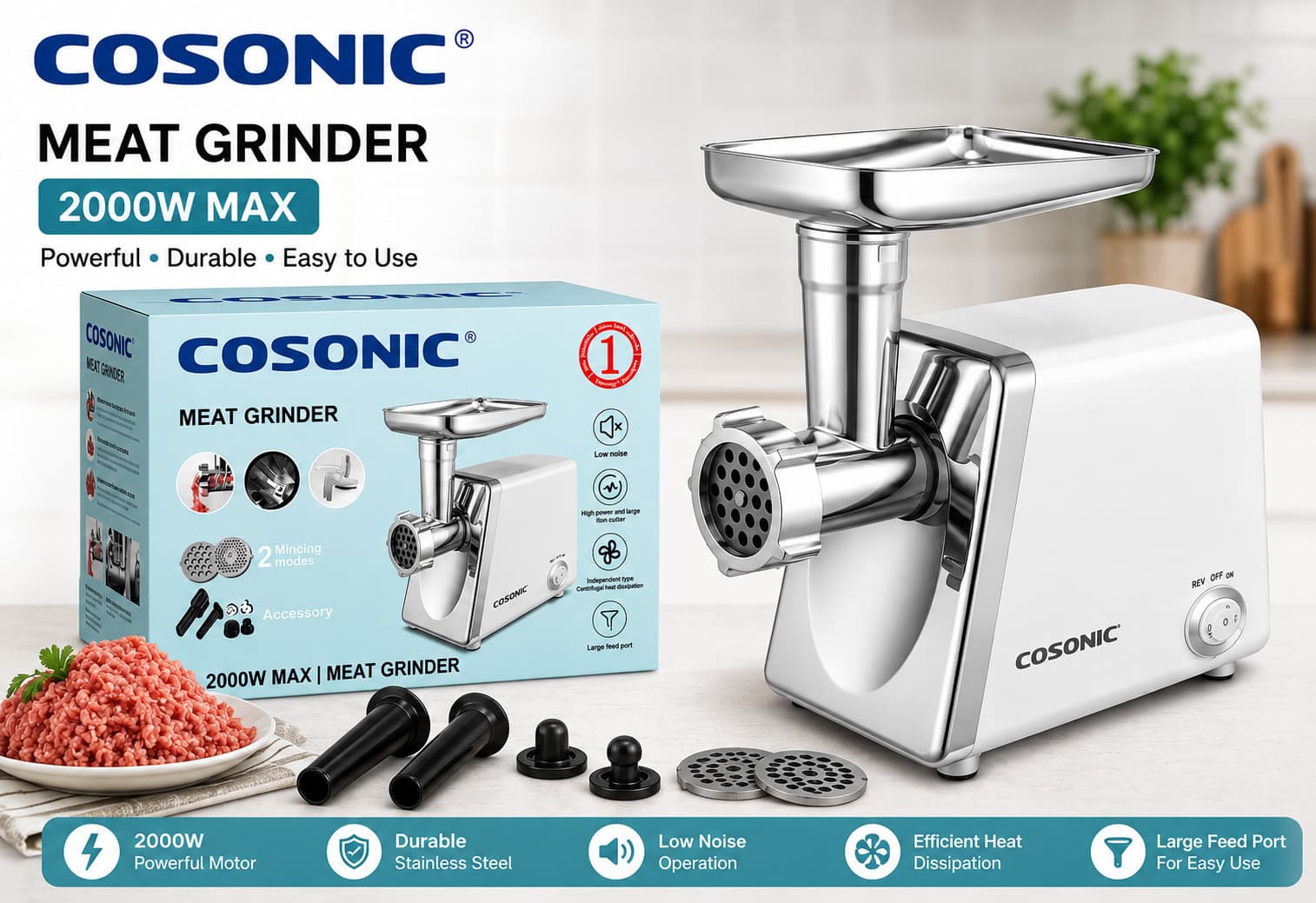 Ətçəkən maşın Cosonic, 2000 Vt, 1.5 kq/dəq, Qiymə üçün disk, Ağ