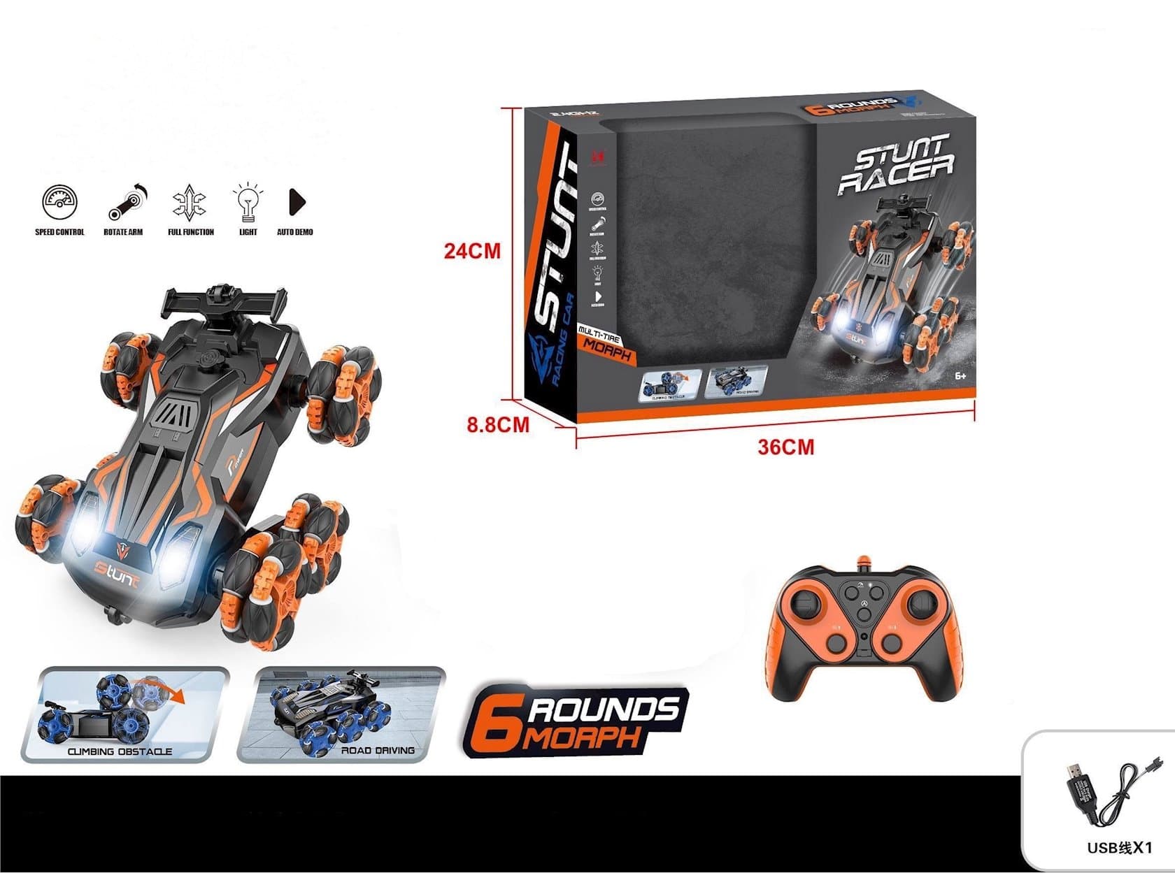 Radio ilə idarə olunan maşın 2.4G RC Stunt Car C060-1, 6+ yaş, narıncı/qara — изображение 2