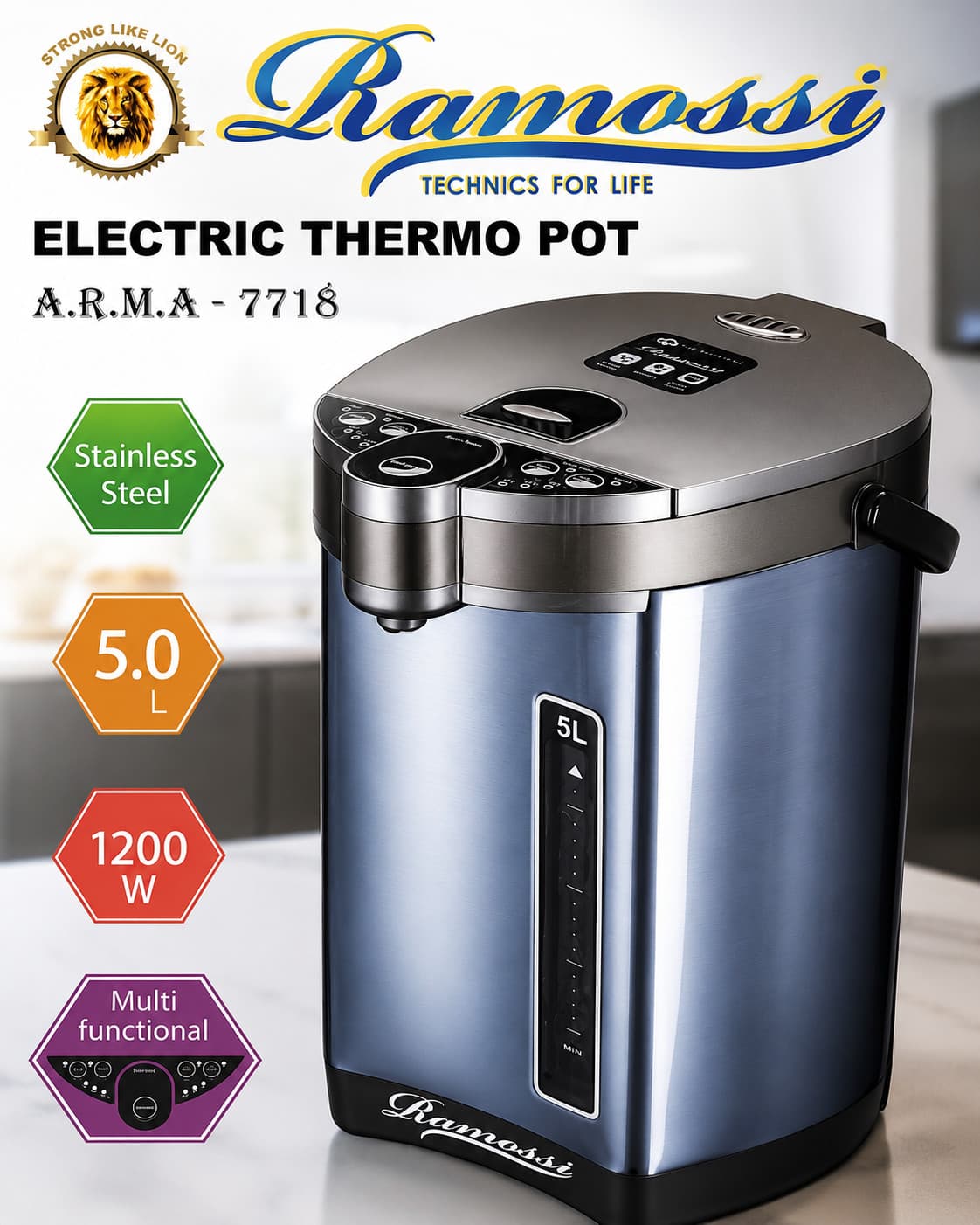 Termopot Ramossi A.R.M.A-7718, 5 L, gümüşü, 1200 Vt