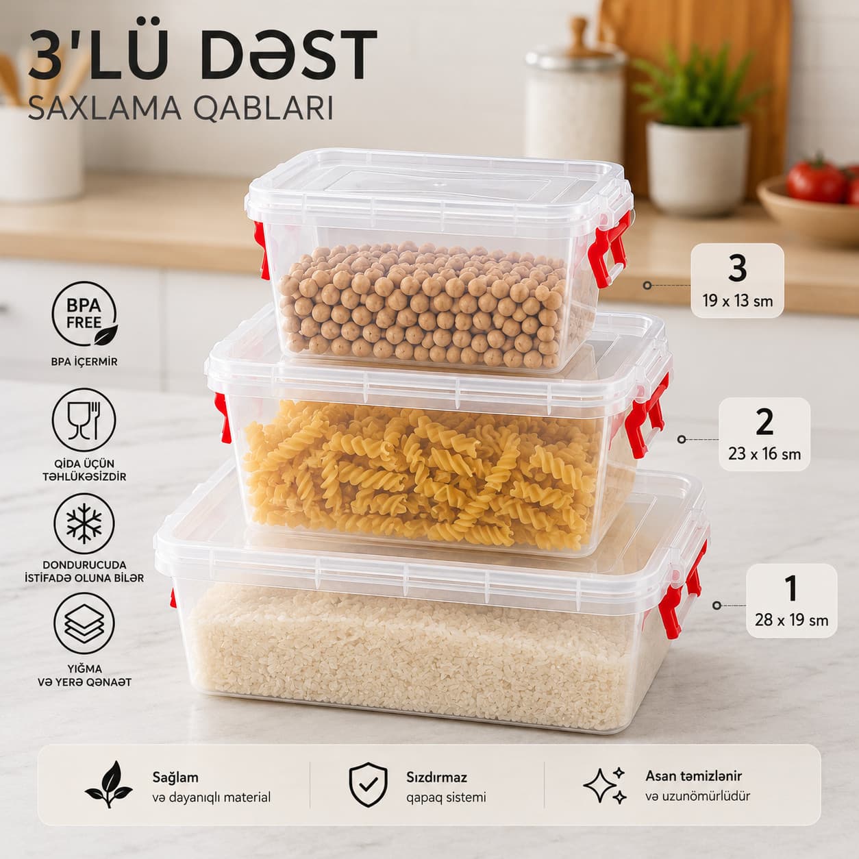 Qida saxlama konteyneri dəsti, düzbucaq, 3500х2000х1000 ml, plastik