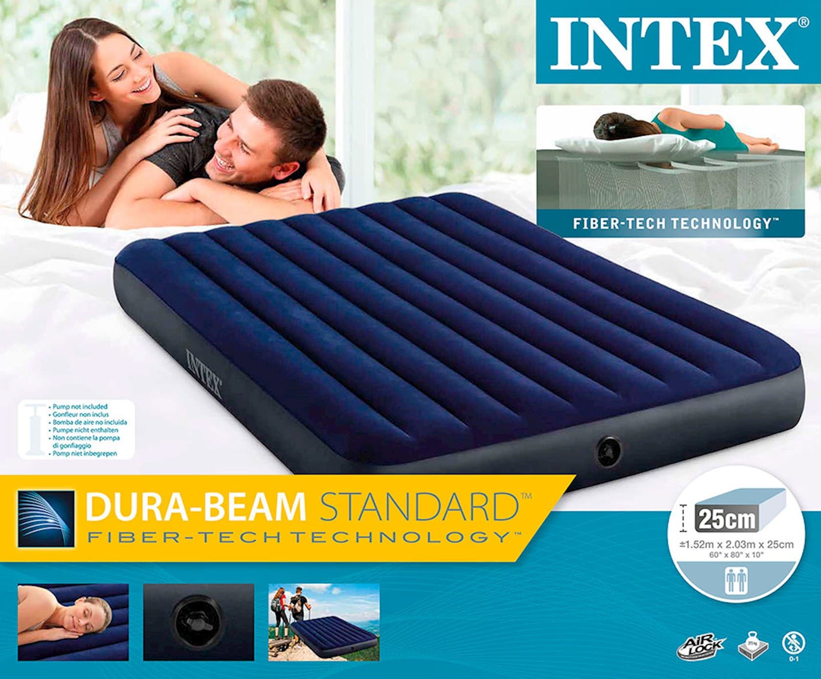 İkinəfərli şişirdilmiş döşək Intex Classic Downy Airbed 64759, göy, 152x203x25 sm