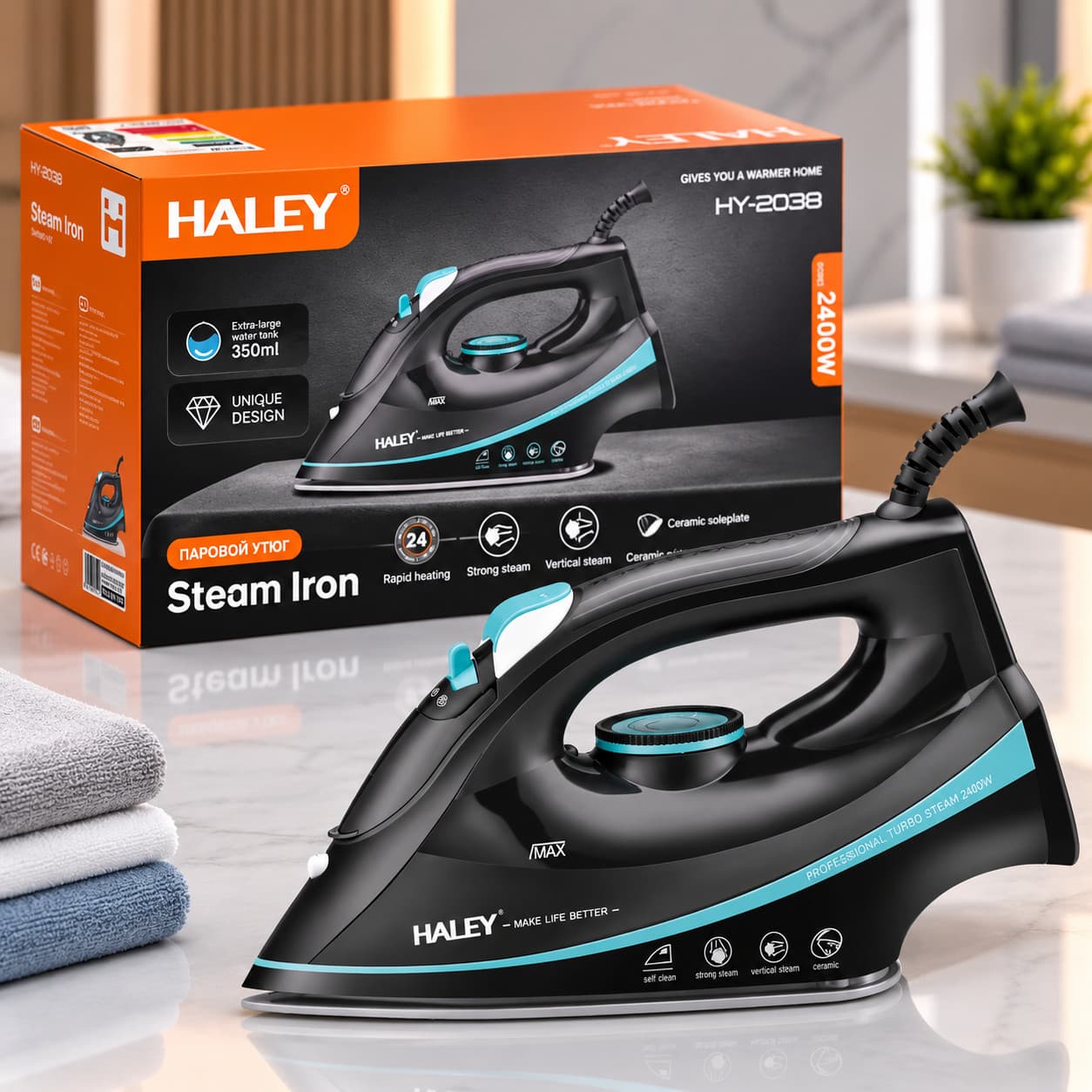 Ütü Haley HY-2038, Keramika, 2400 Vt, Qara